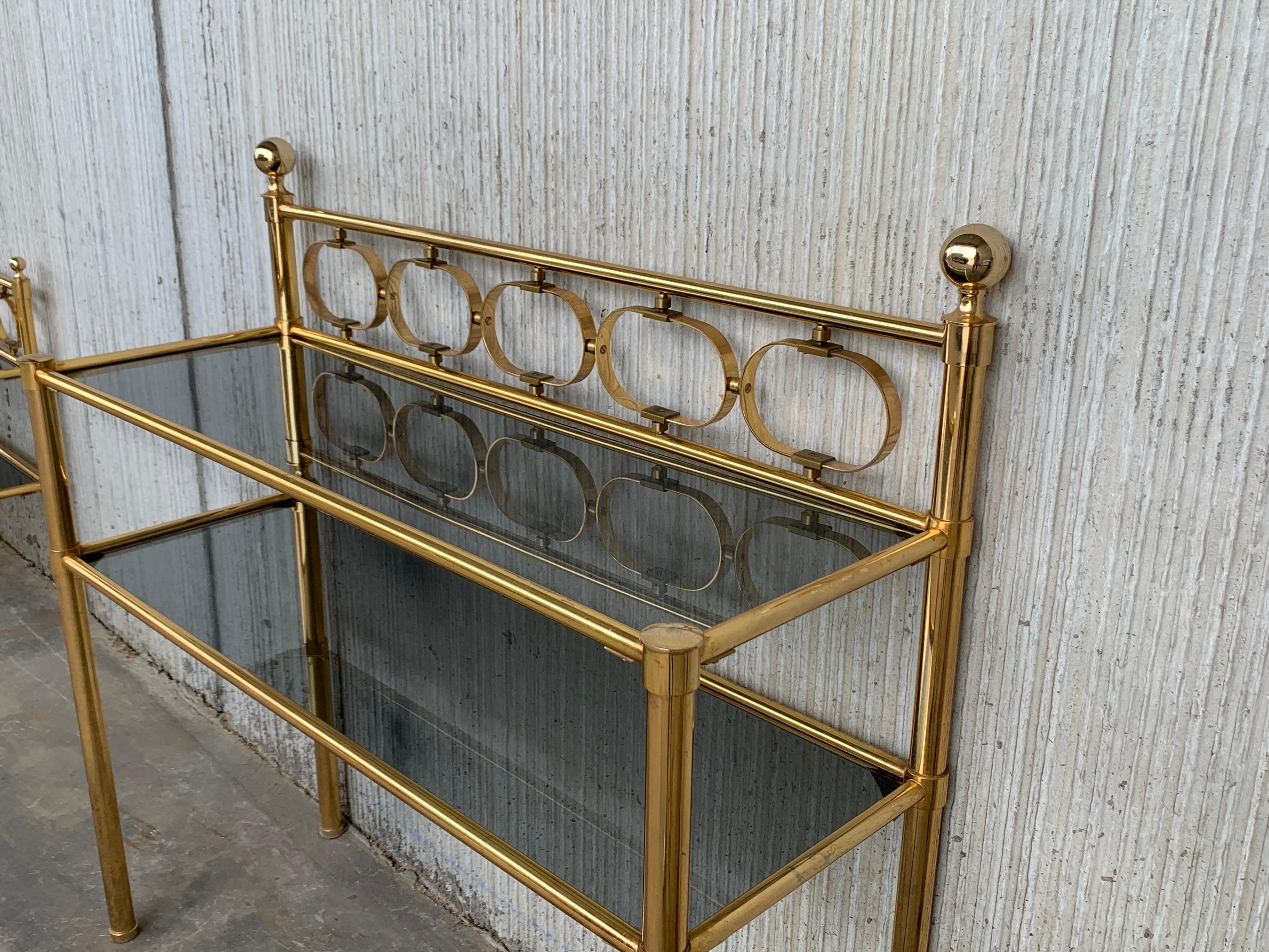 20th Century Mid-Century Modern Brass Console Table with Two Fumee Glass Shelves