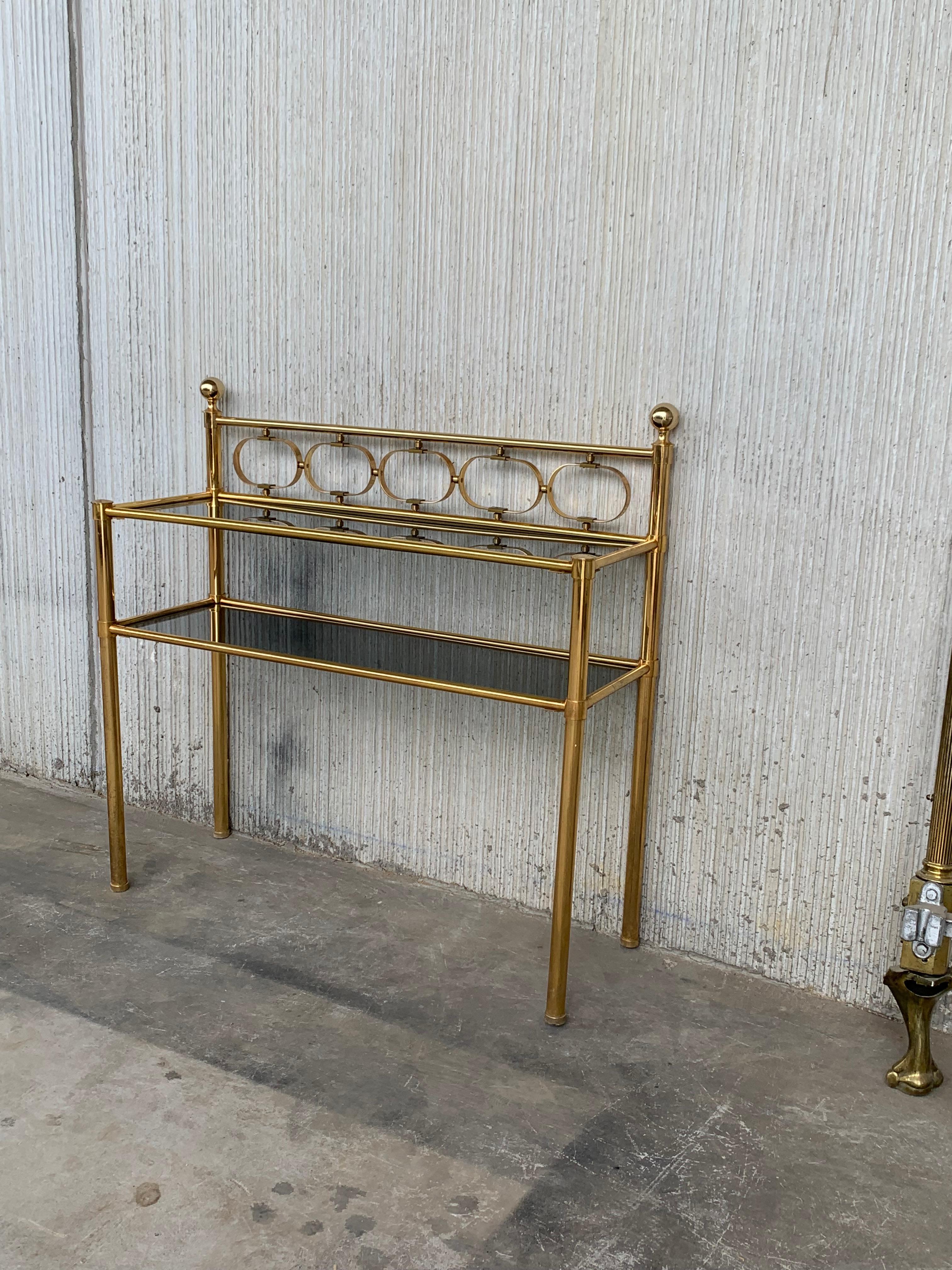 Mid-Century Modern Brass Console Table with Two Fumee Glass Shelves 1