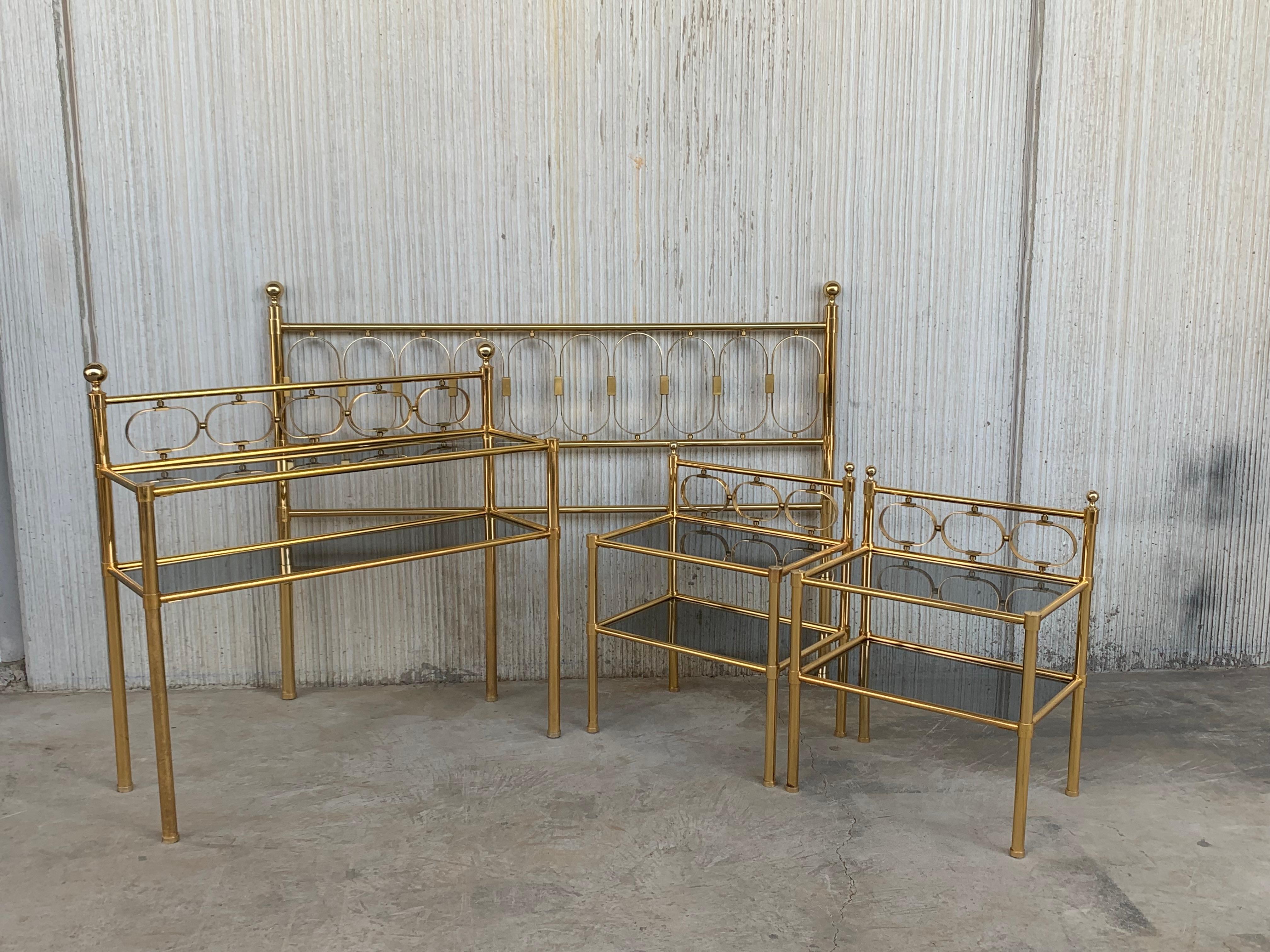 Mid-Century Modern Brass Console Table with Two Fumee Glass Shelves 2