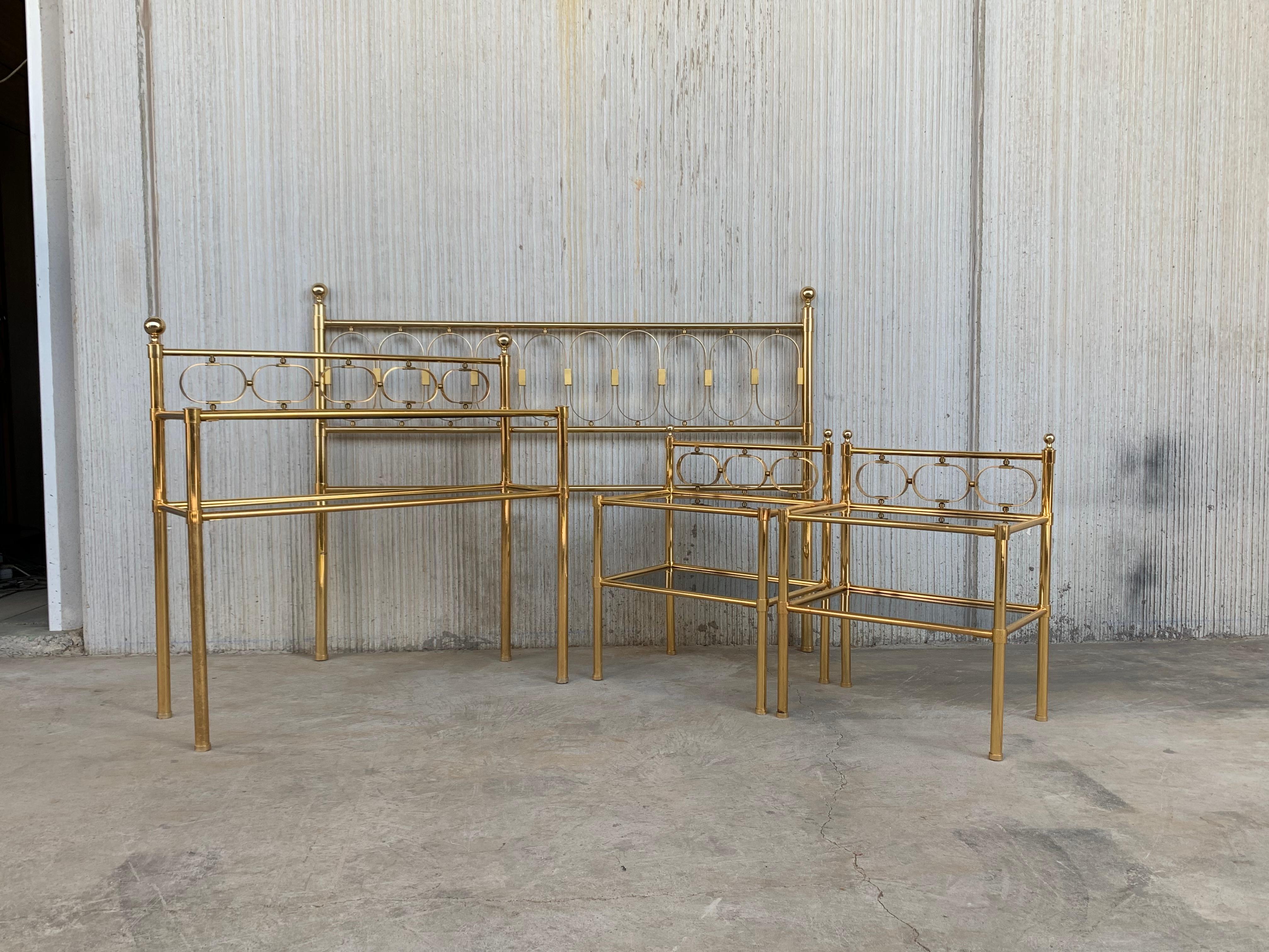 Mid-Century Modern Brass Console Table with Two Fumee Glass Shelves 3