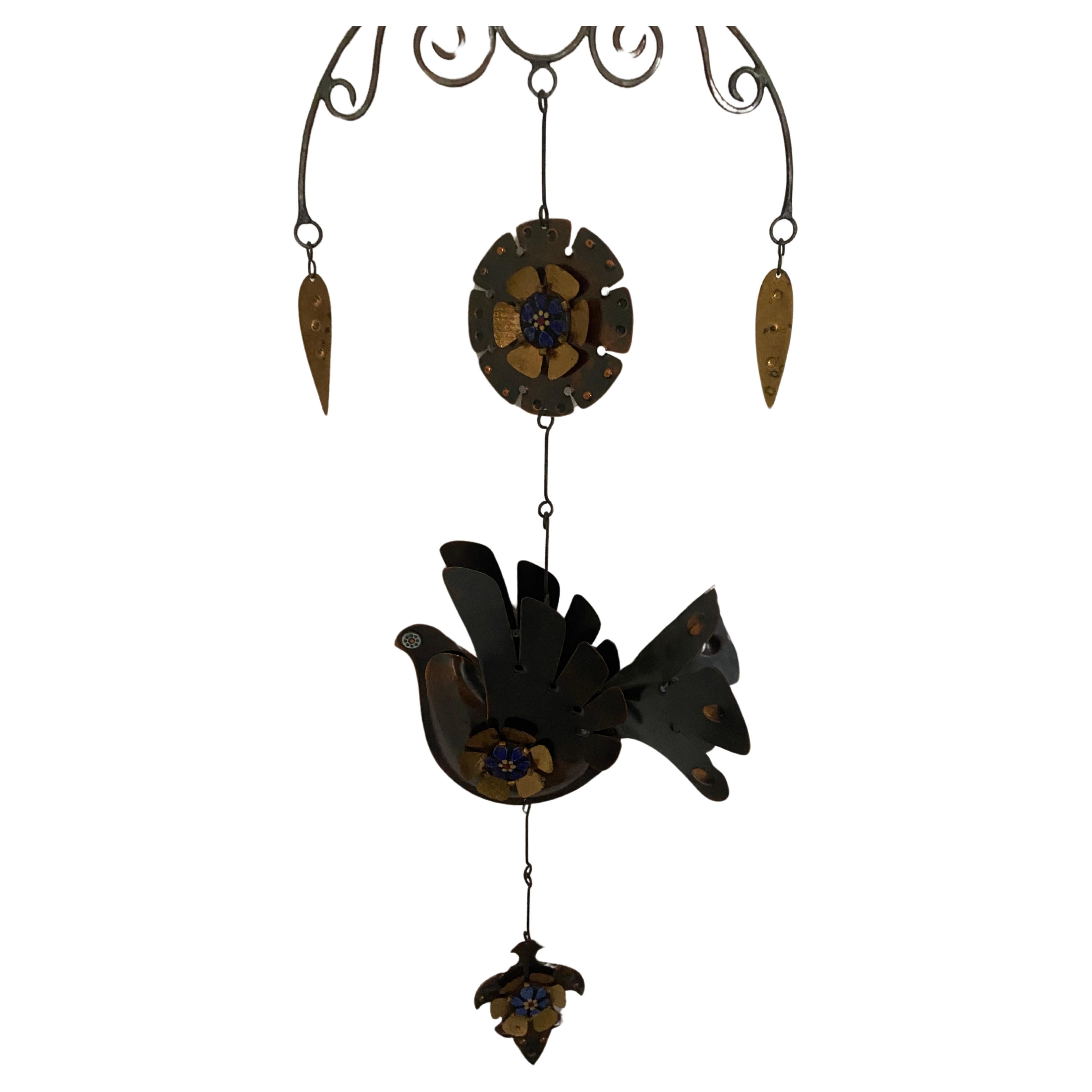 Hand crafted bronze, brass and enamel wall hanging or mobile by Chilean artist Cesar Vasquez.
