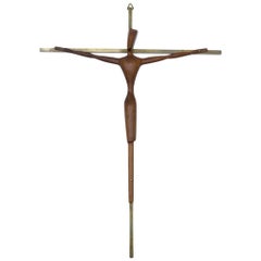 Mid-Century Modern Brass Crucifix with an Hand Carved Teak Jesus Sculpture