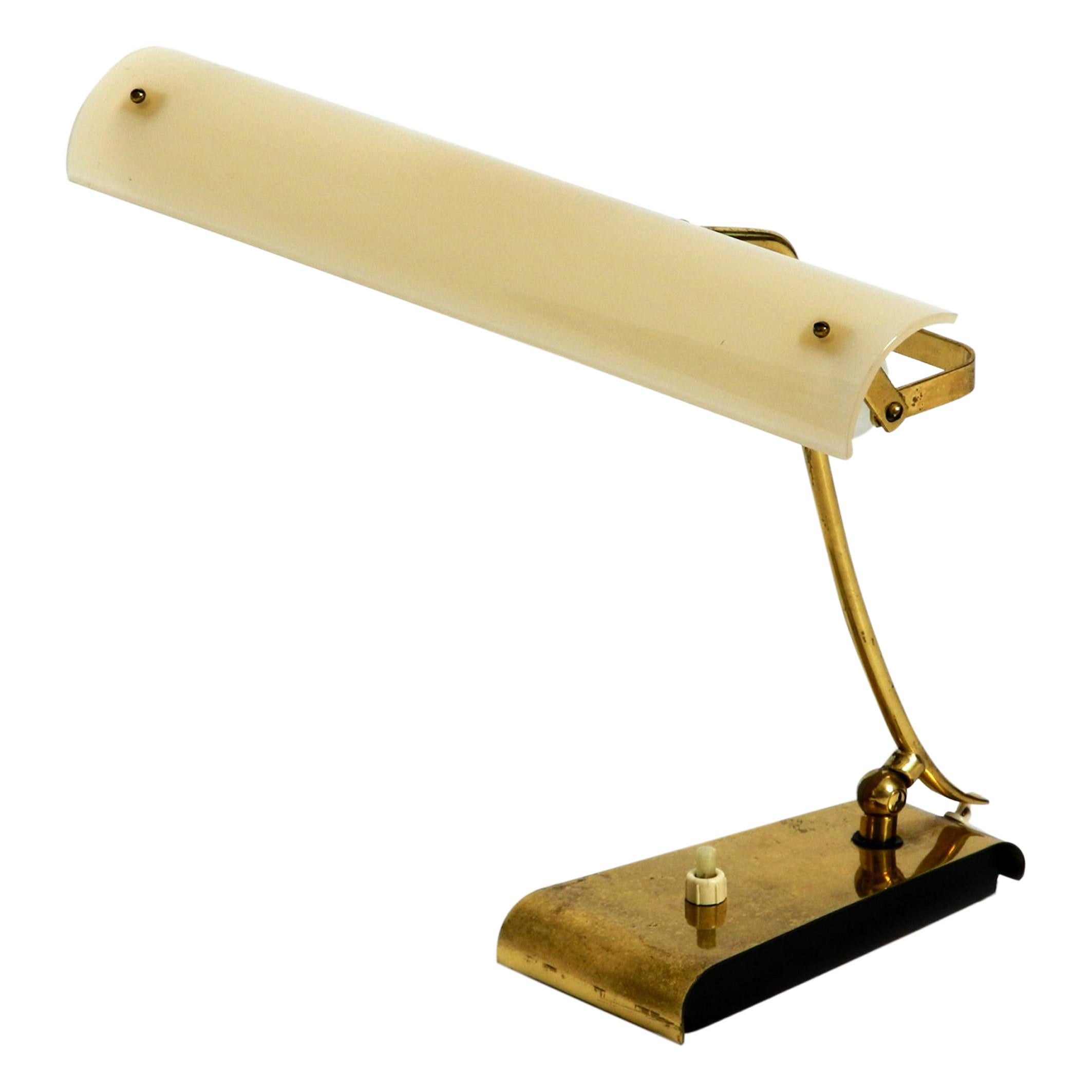 Mid-Century Modern Brass Desk Lamp with a Plexiglass Shade and Plug-in Bulb