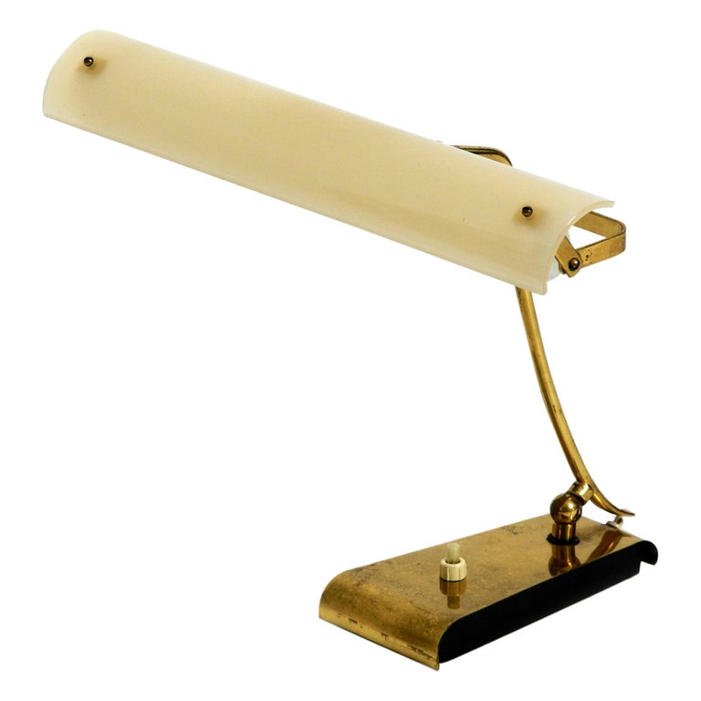 Mid-Century Modern Brass Desk Lamp with a Plexiglass Shade and Plug-in Bulb For Sale