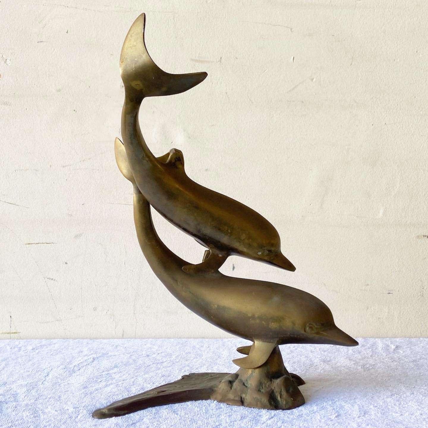 Mid Century Modern Brass Dolphins Sculpture In Good Condition For Sale In Delray Beach, FL