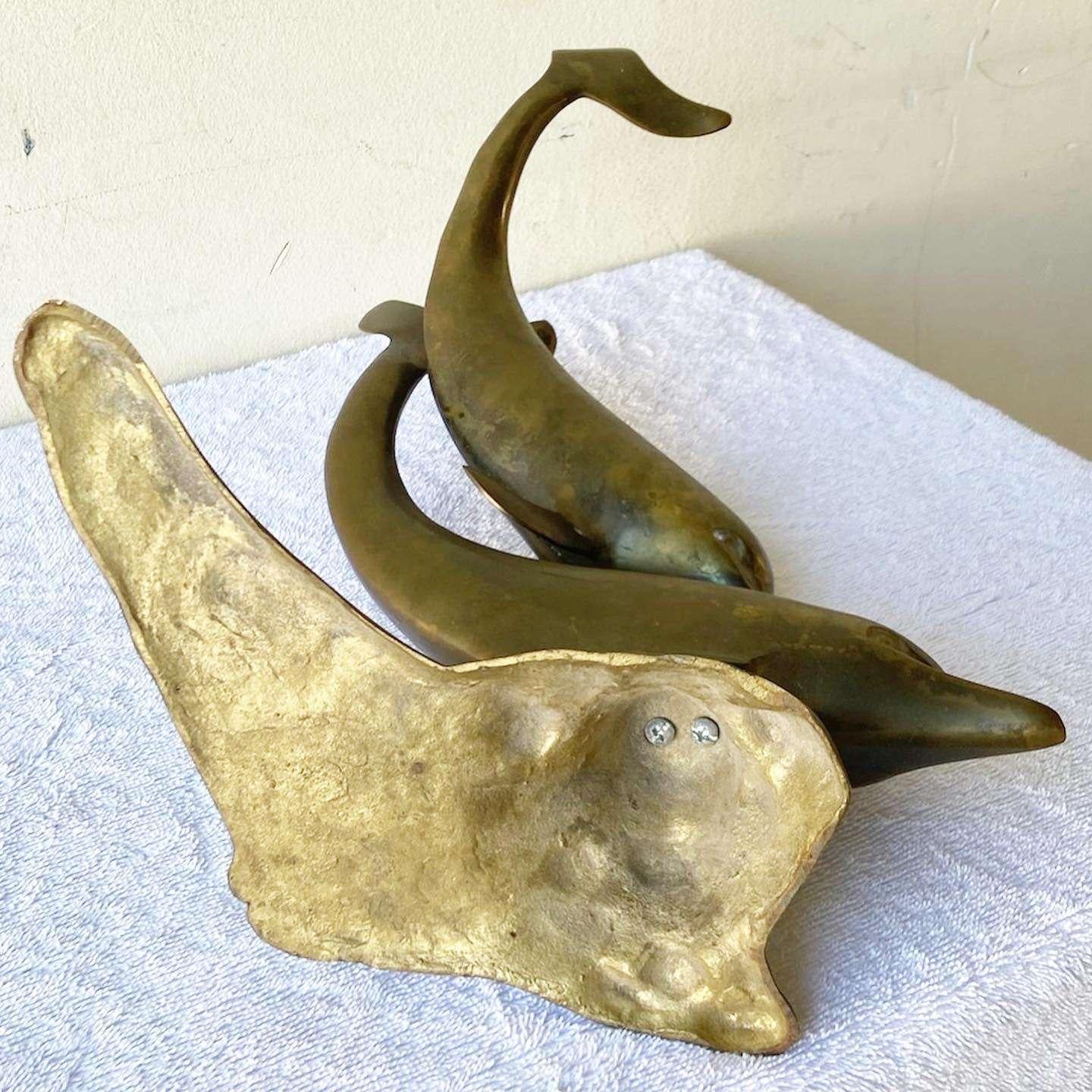 Mid Century Modern Brass Dolphins Sculpture For Sale 1