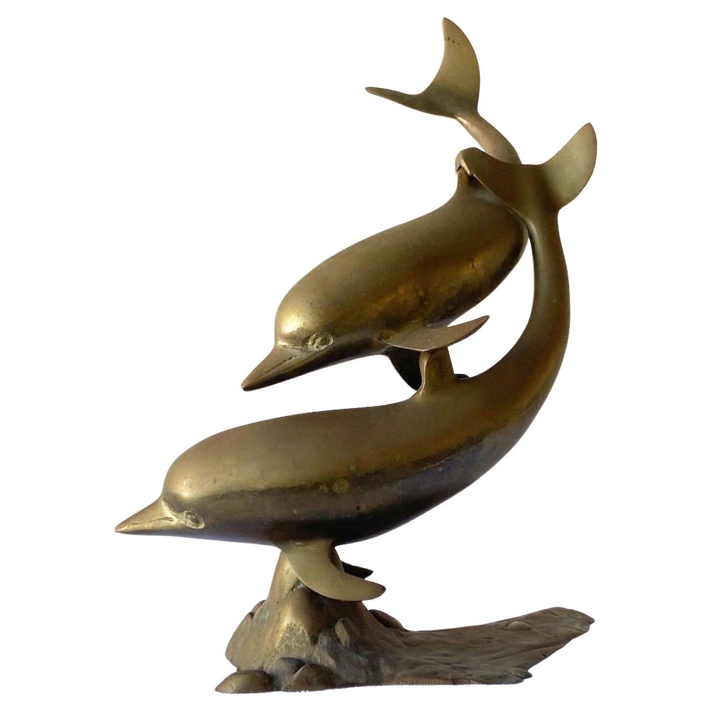 Mid Century Modern Brass Dolphins Sculpture For Sale