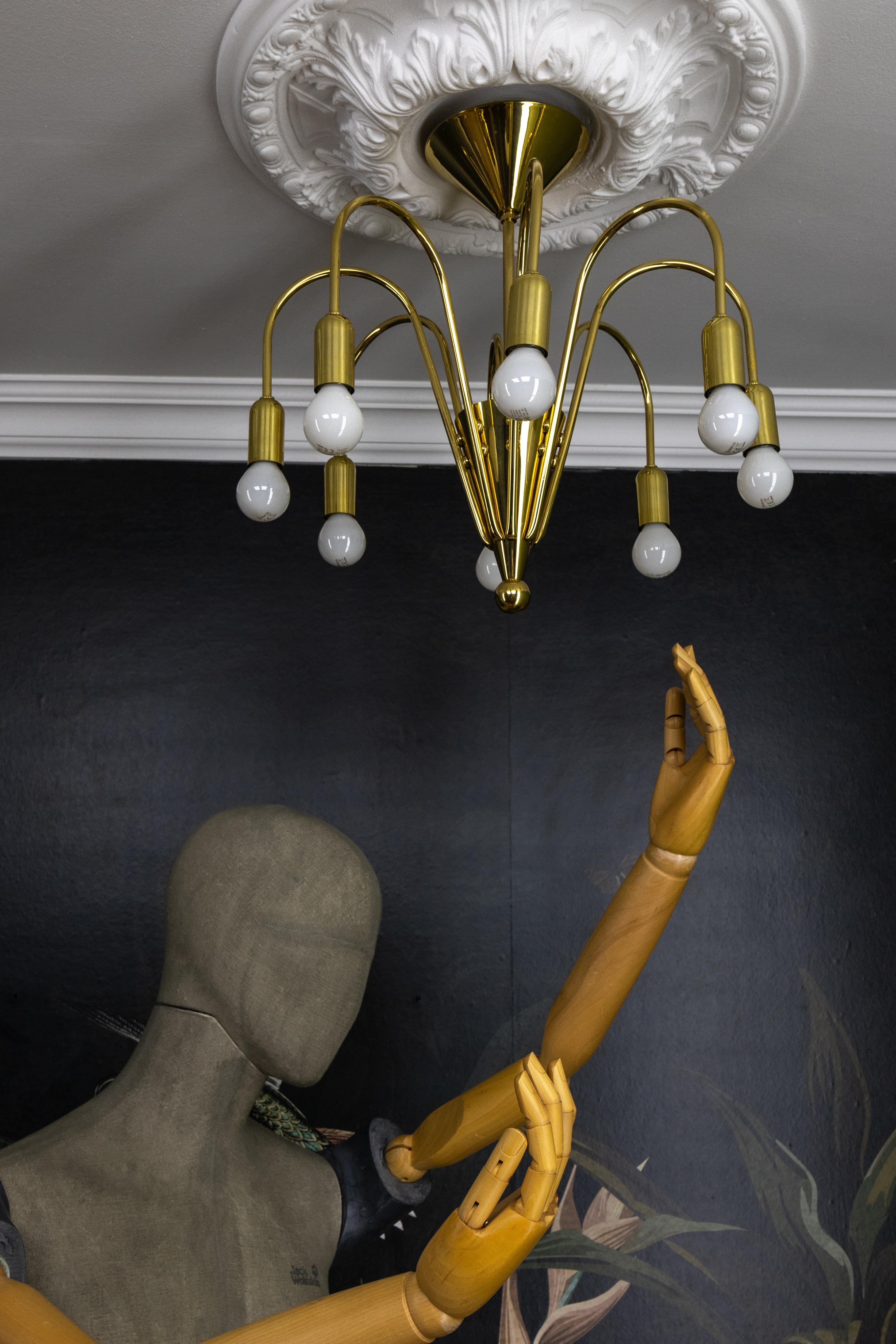 Mid-Century Modern Brass Eight-Light Sputnik Chandelier by TZ Leuchten, Germany For Sale 6