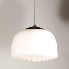 Mid-Century Modern Brass, Enamel and Waffle Milk Glass Globe Chandelier