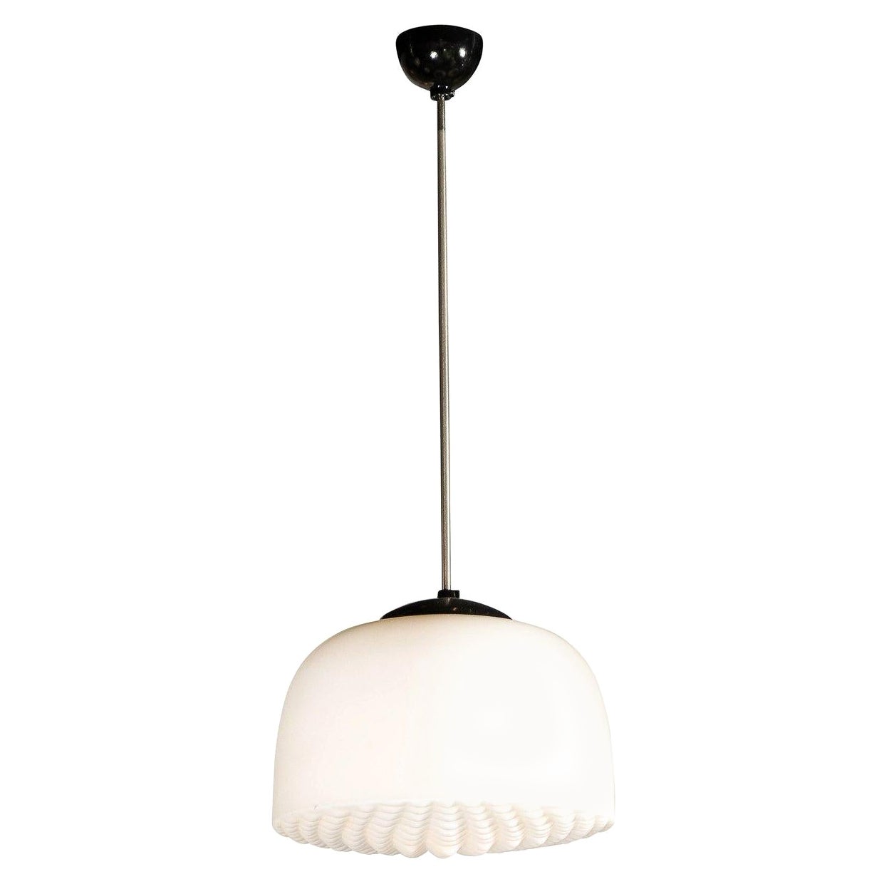 Mid-Century Modern Brass, Enamel and Waffle Milk Glass Globe Chandelier