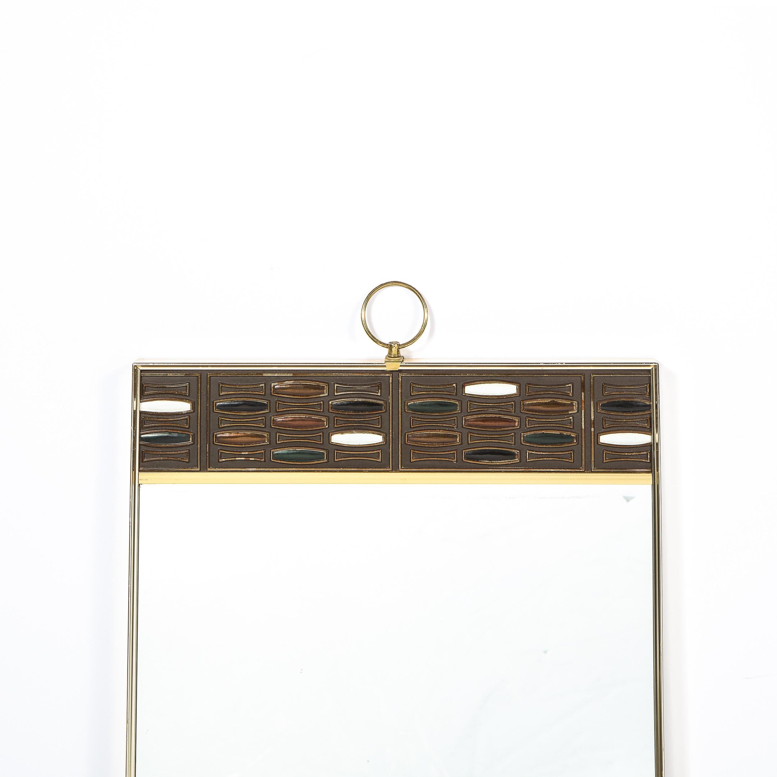 American Mid-Century Modern Brass & Enamel Rectangular Wall Mirror w/ Ring Embellishment For Sale