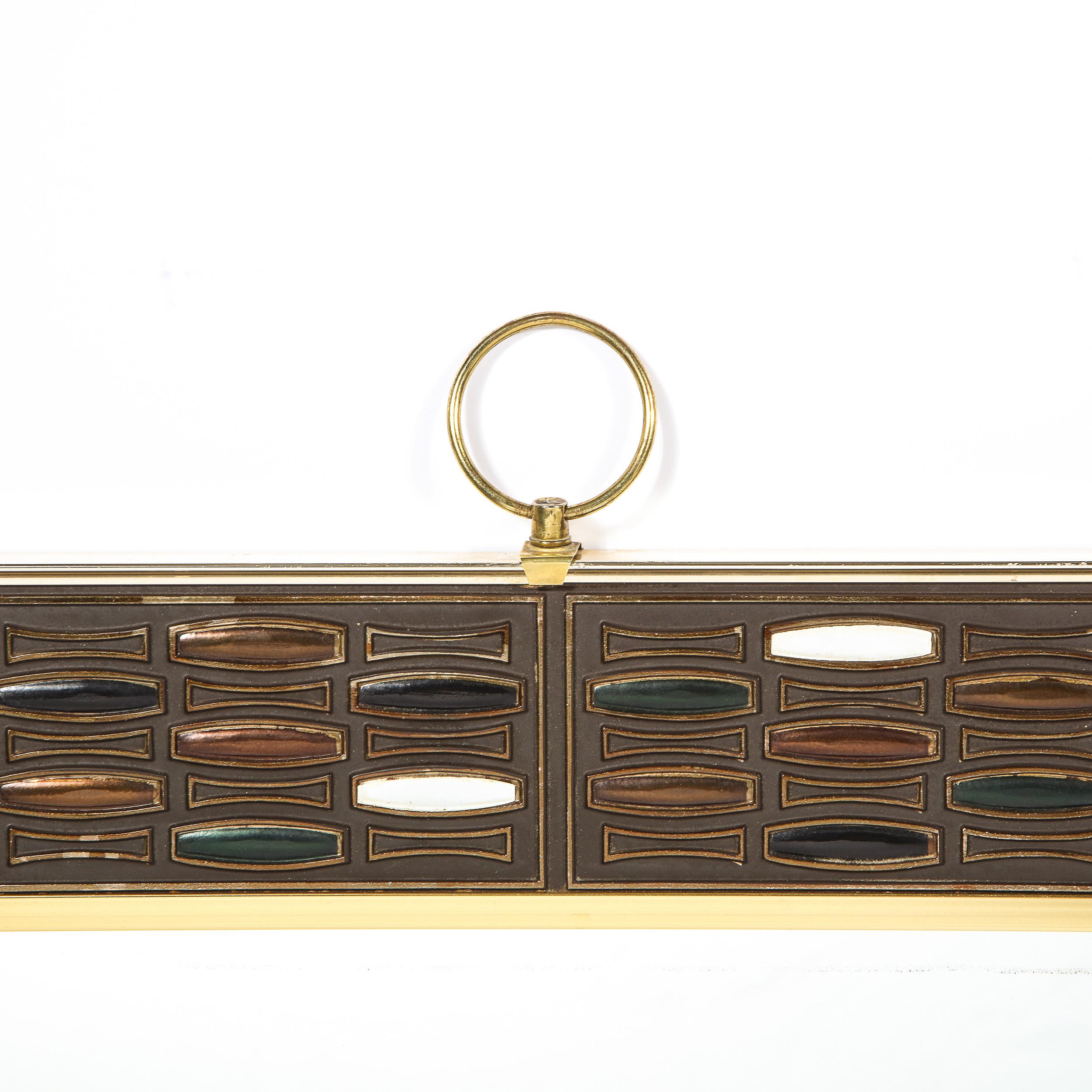 Mid-20th Century Mid-Century Modern Brass & Enamel Rectangular Wall Mirror w/ Ring Embellishment For Sale