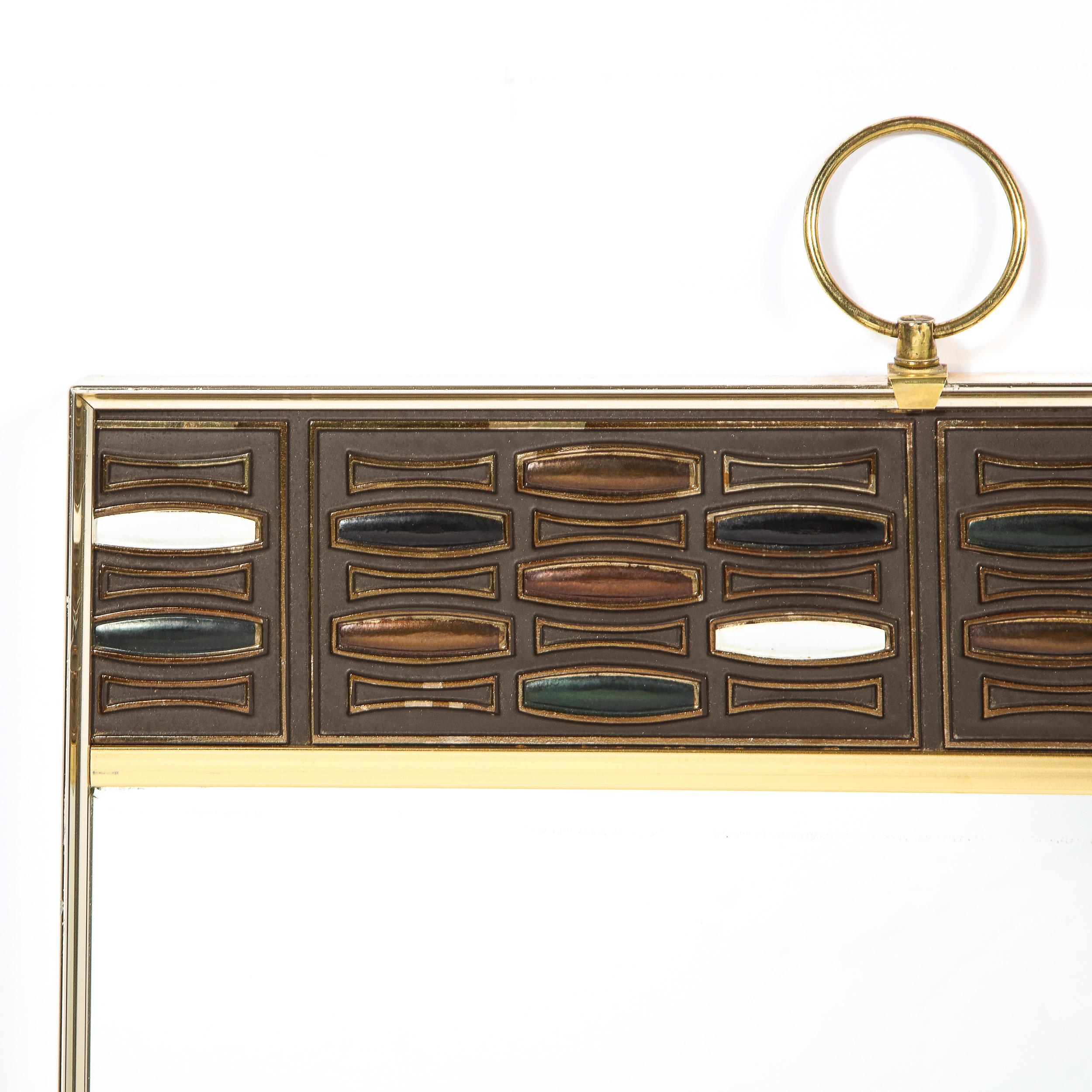 Mid-Century Modern Brass & Enamel Rectangular Wall Mirror w/ Ring Embellishment For Sale 1