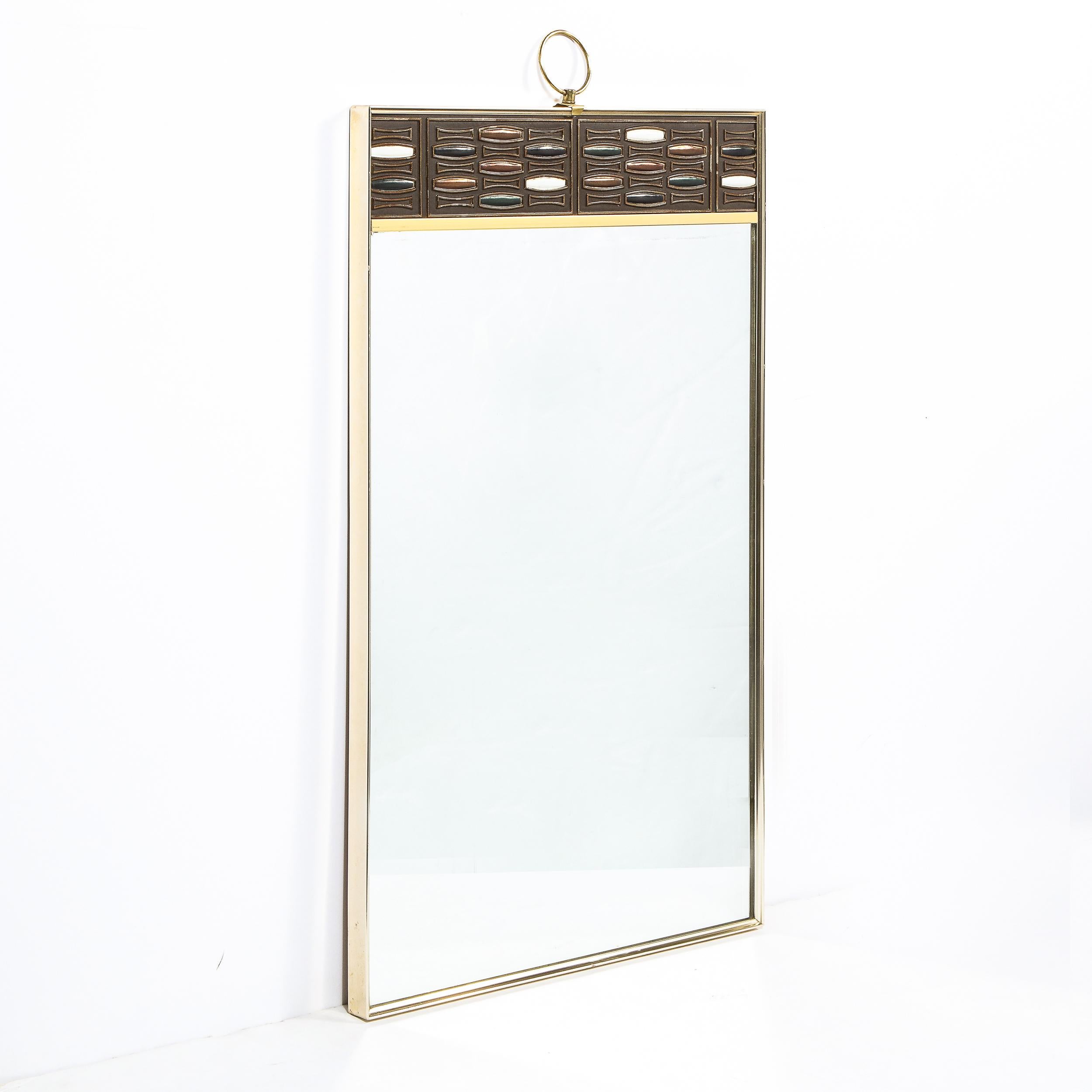 Mid-Century Modern Brass & Enamel Rectangular Wall Mirror w/ Ring Embellishment For Sale 3