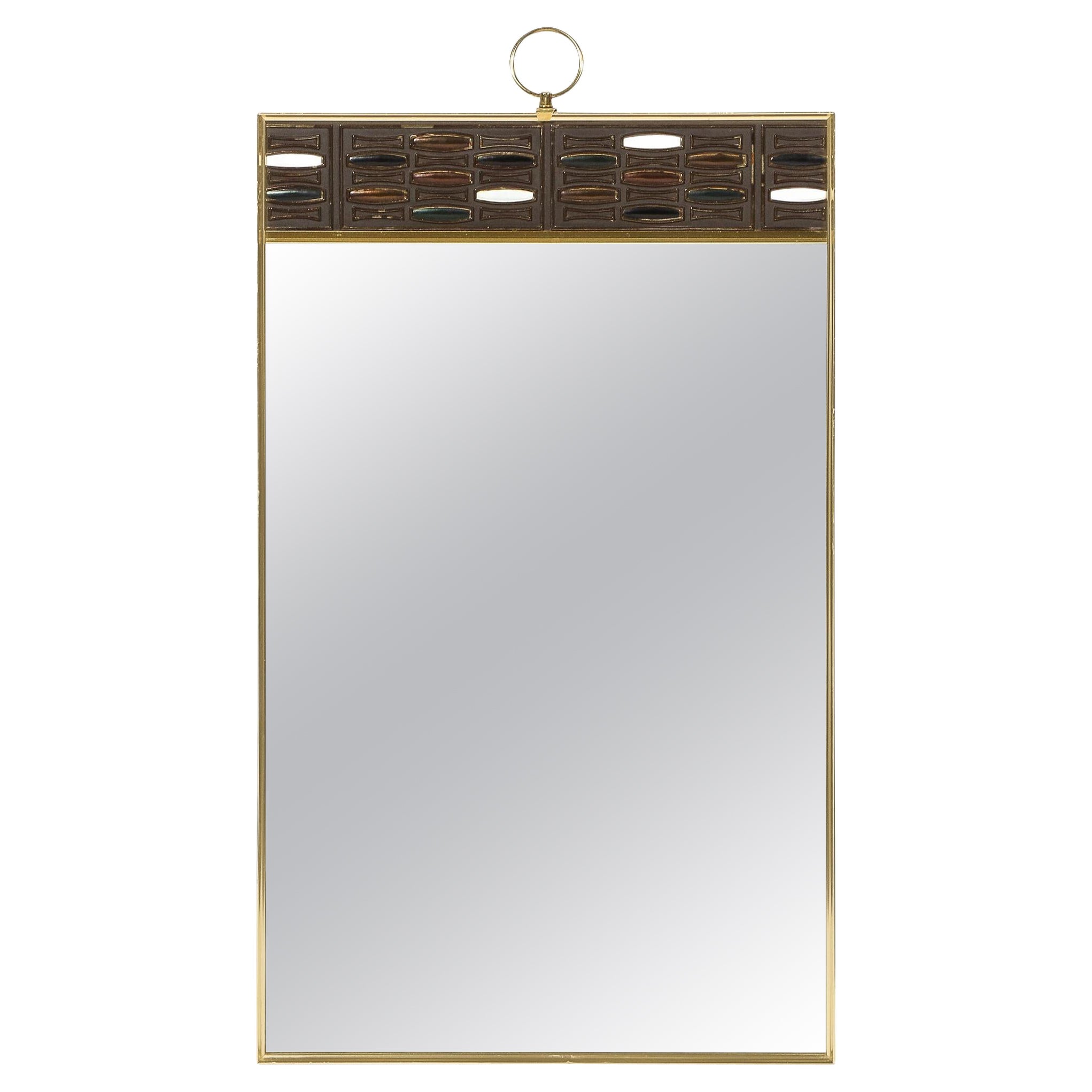 Mid-Century Modern Brass & Enamel Rectangular Wall Mirror w/ Ring Embellishment