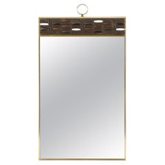 Mid-Century Modern Brass & Enamel Rectangular Wall Mirror w/ Ring Embellishment