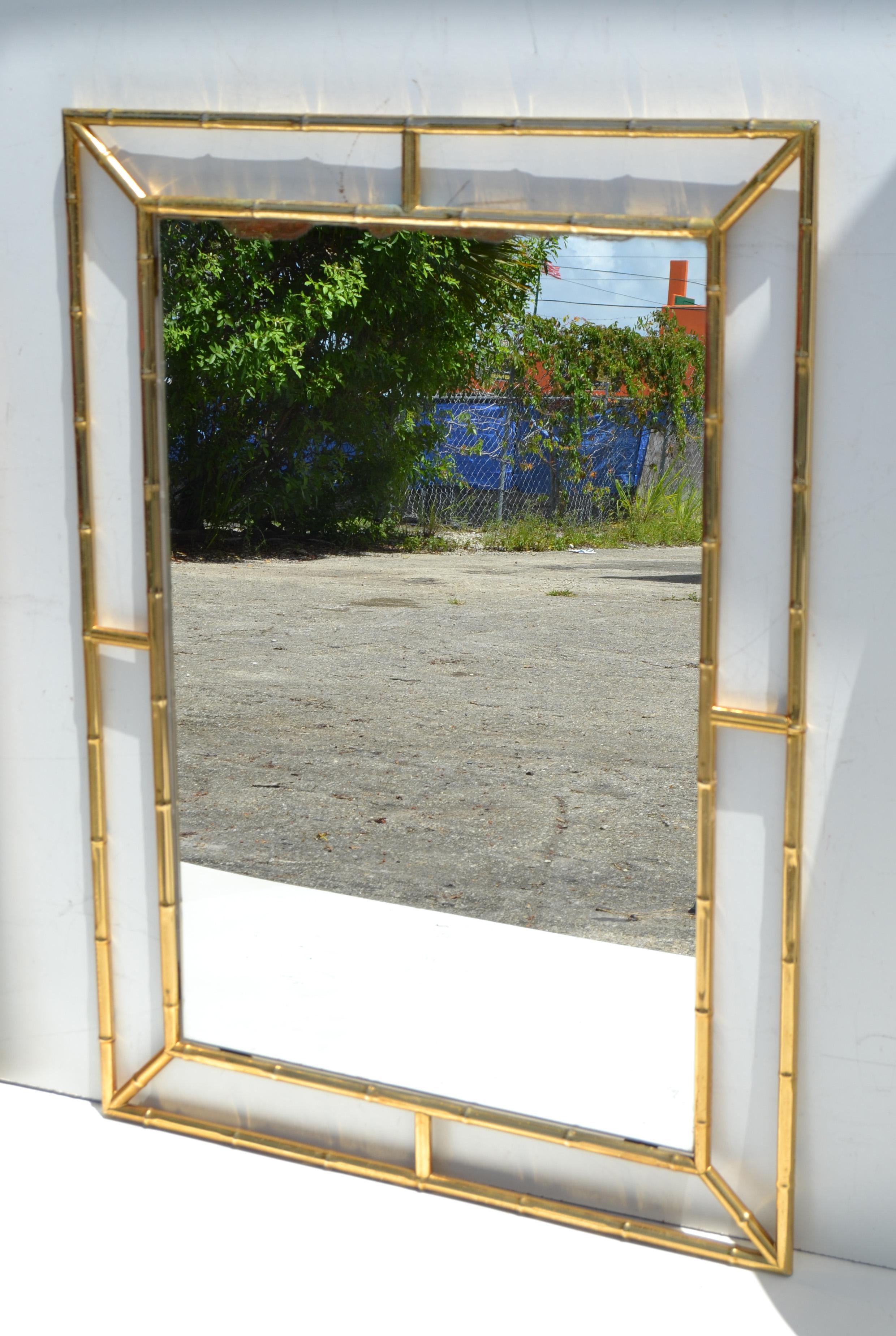 Patinated Mid-Century Modern Brass Faux Bamboo Wall Mirror, Italy