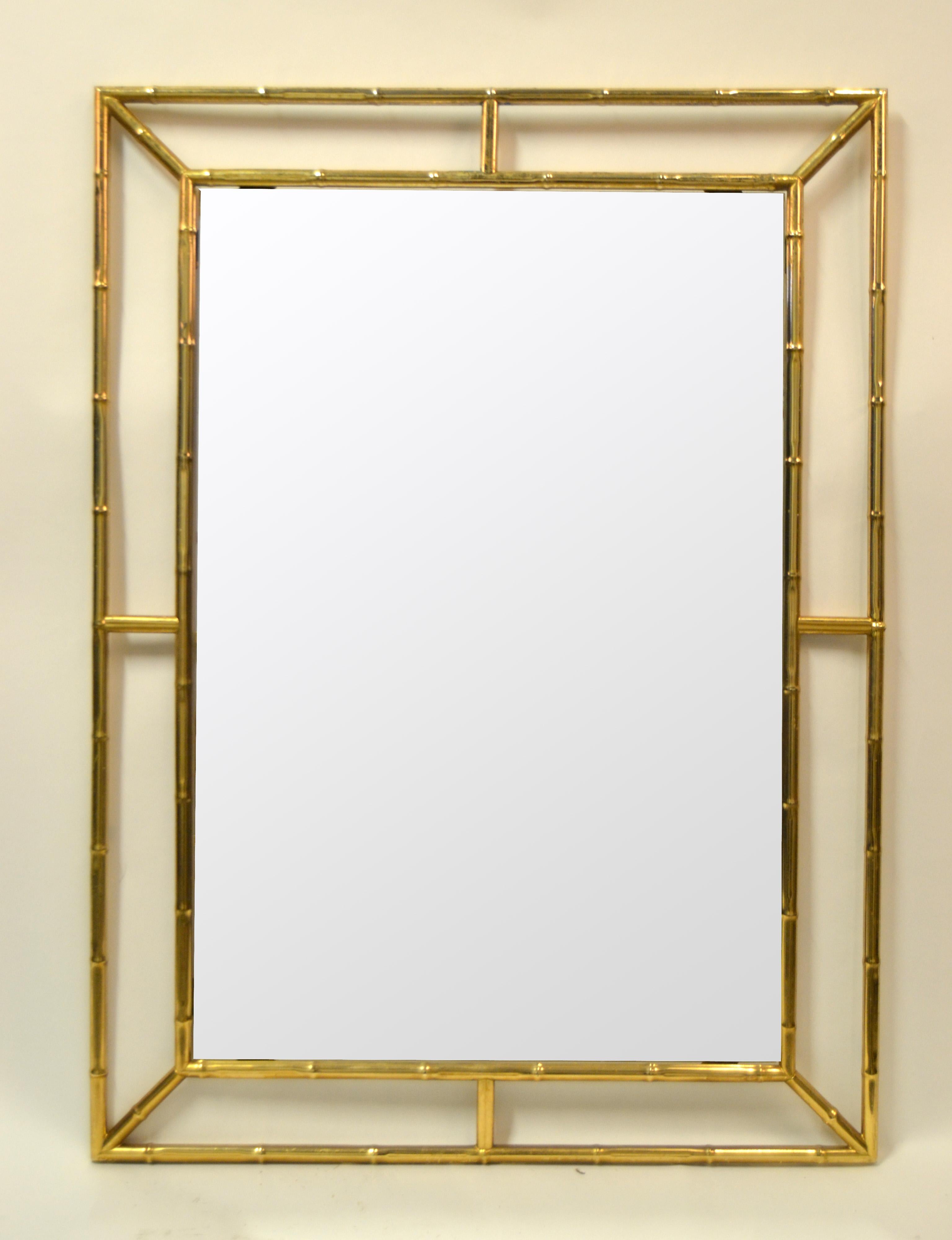 Mid-Century Modern Brass Faux Bamboo Wall Mirror, Italy 1