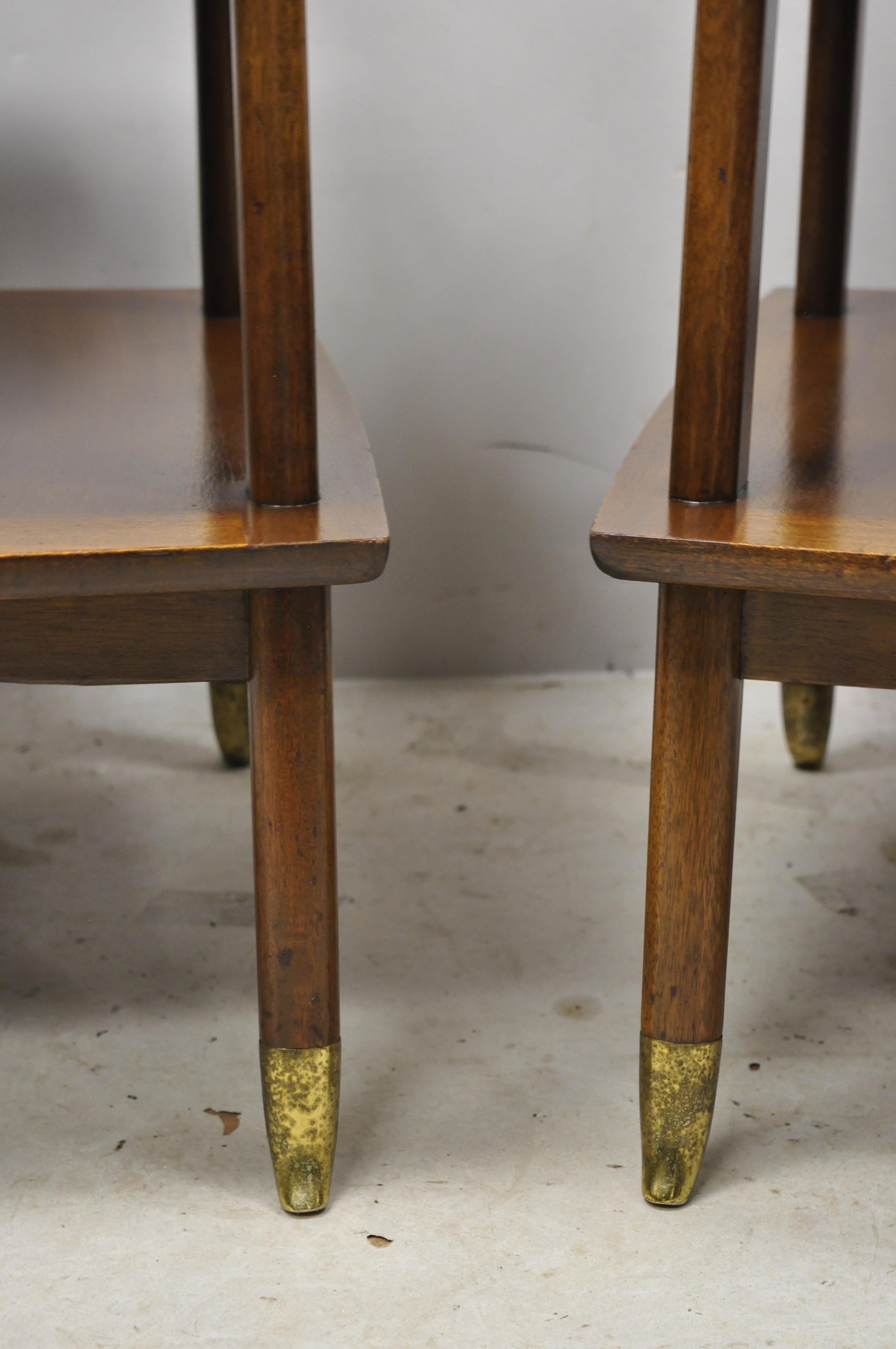 Mid-Century Modern Brass Feet Sculpted Walnut 2-Tier Side End Tables, a Pair For Sale 1