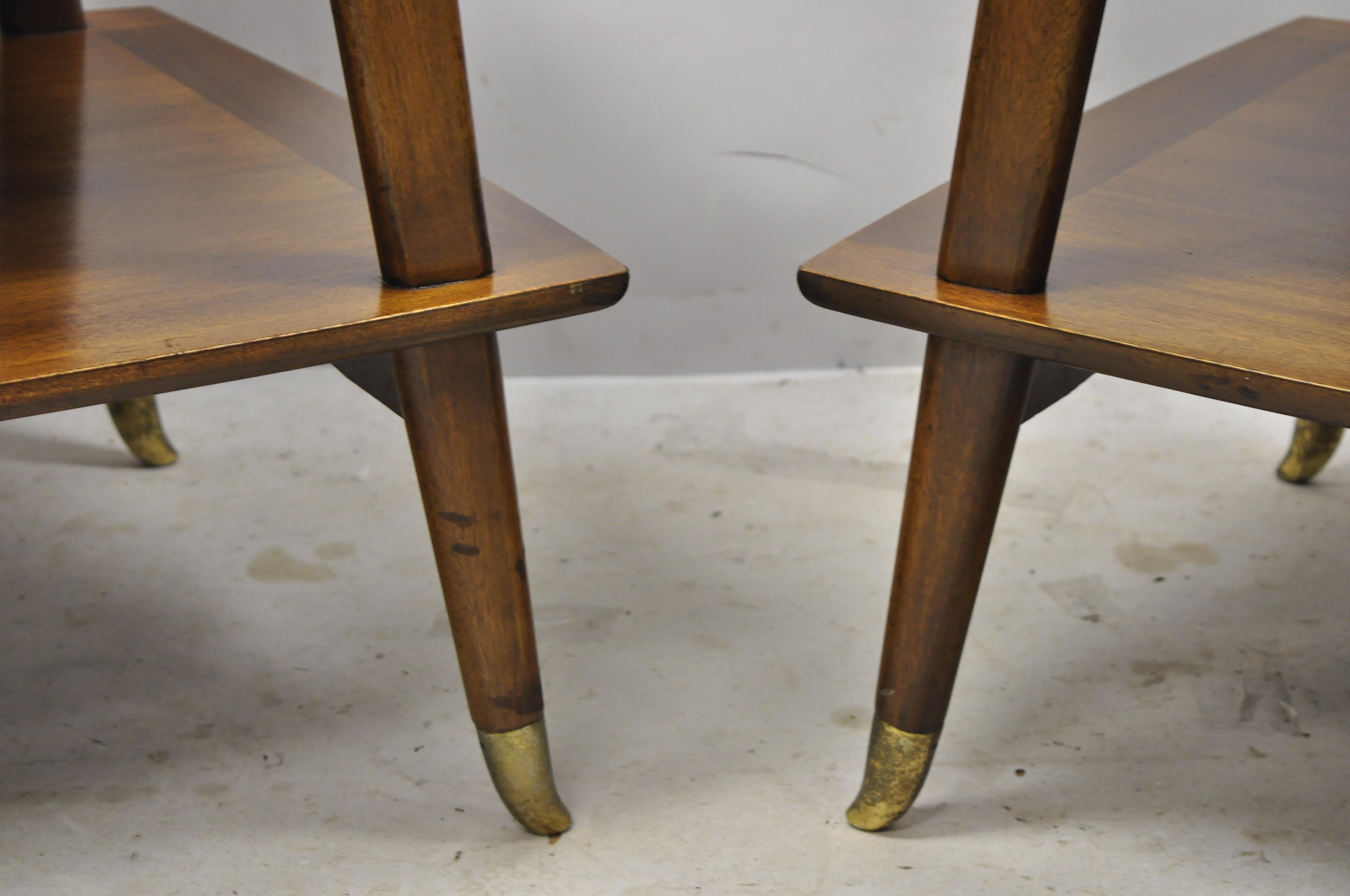 Metal Mid-Century Modern Brass Feet Sculpted Walnut 2-Tier Side End Tables, a Pair For Sale