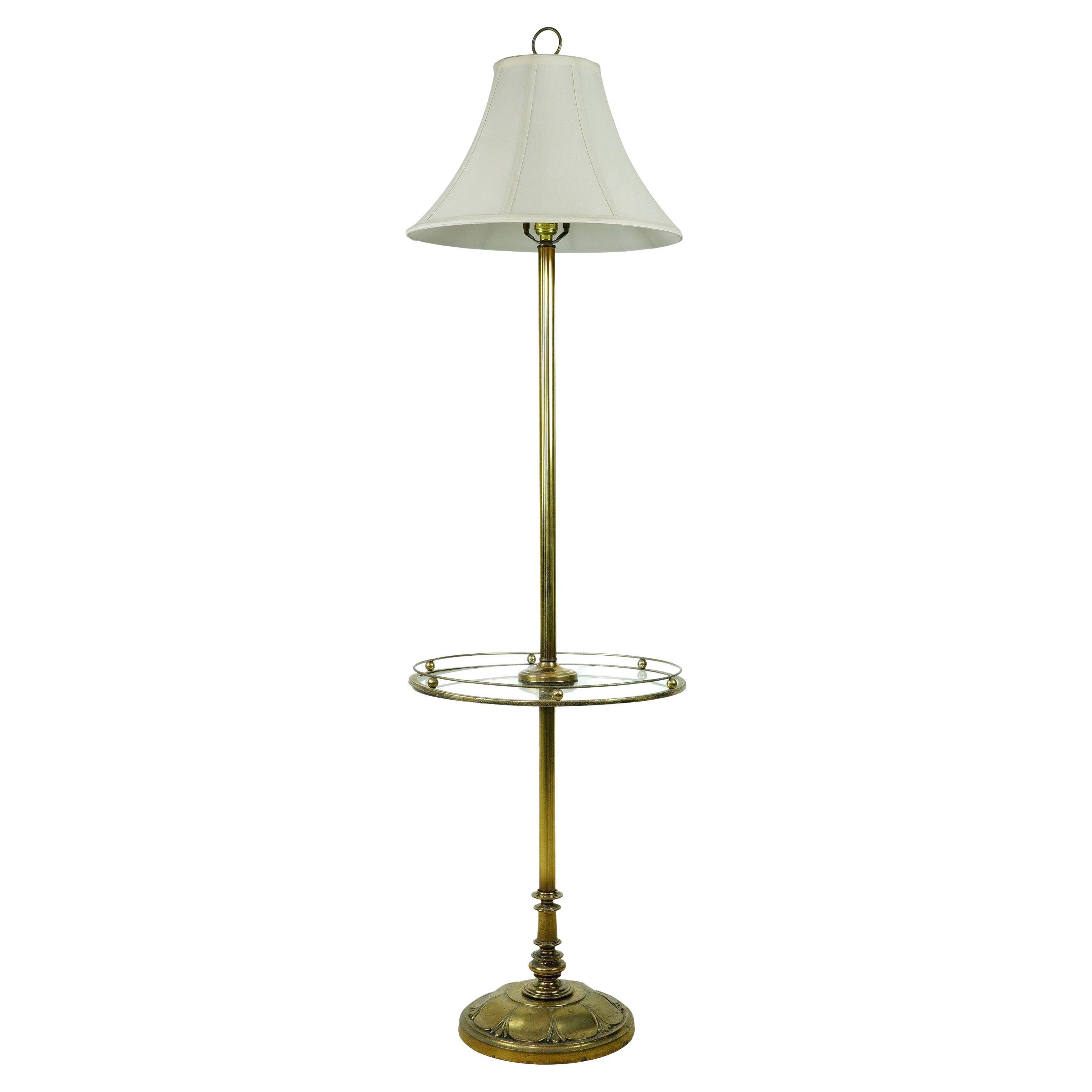 Mid-Century Modern Brass Finish Floor Lamp Glass Tabletop