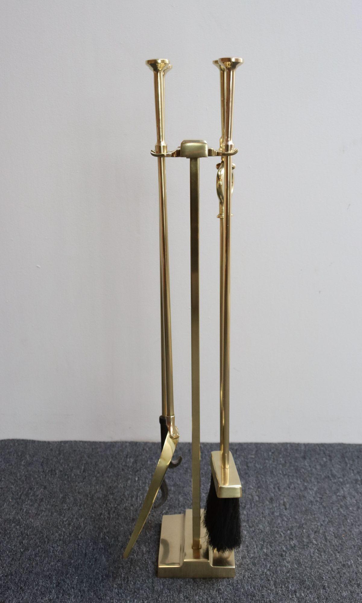 Polished Mid-Century Modern Brass Fireplace Tool Set