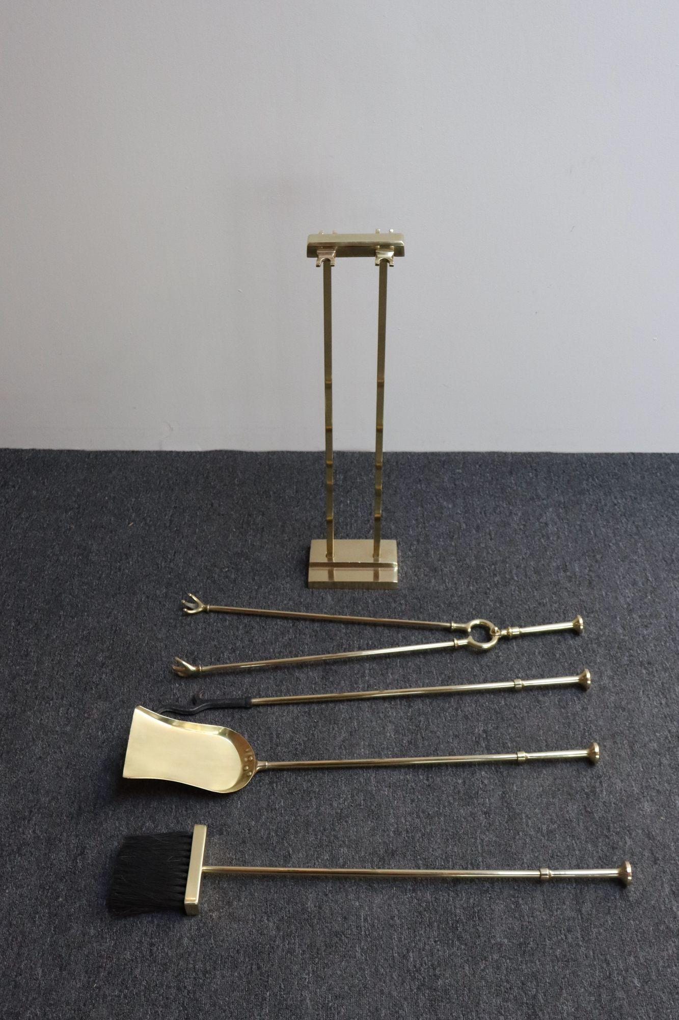 Mid-Century Modern Brass Fireplace Tool Set 1