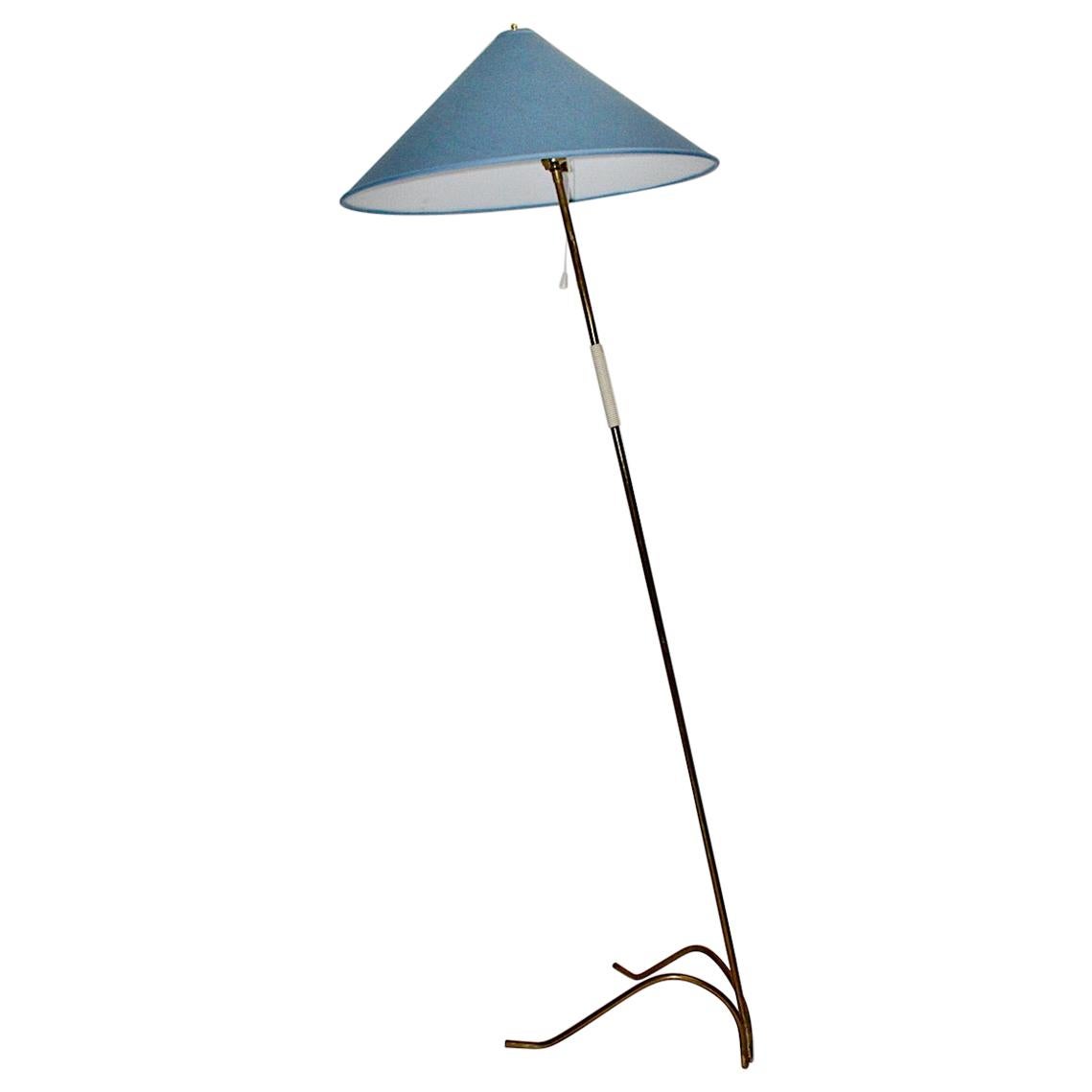 Mid-Century Modern Brass Pastel Blue Vintage Floor Lamp Rupert Nikoll, 1950 For Sale