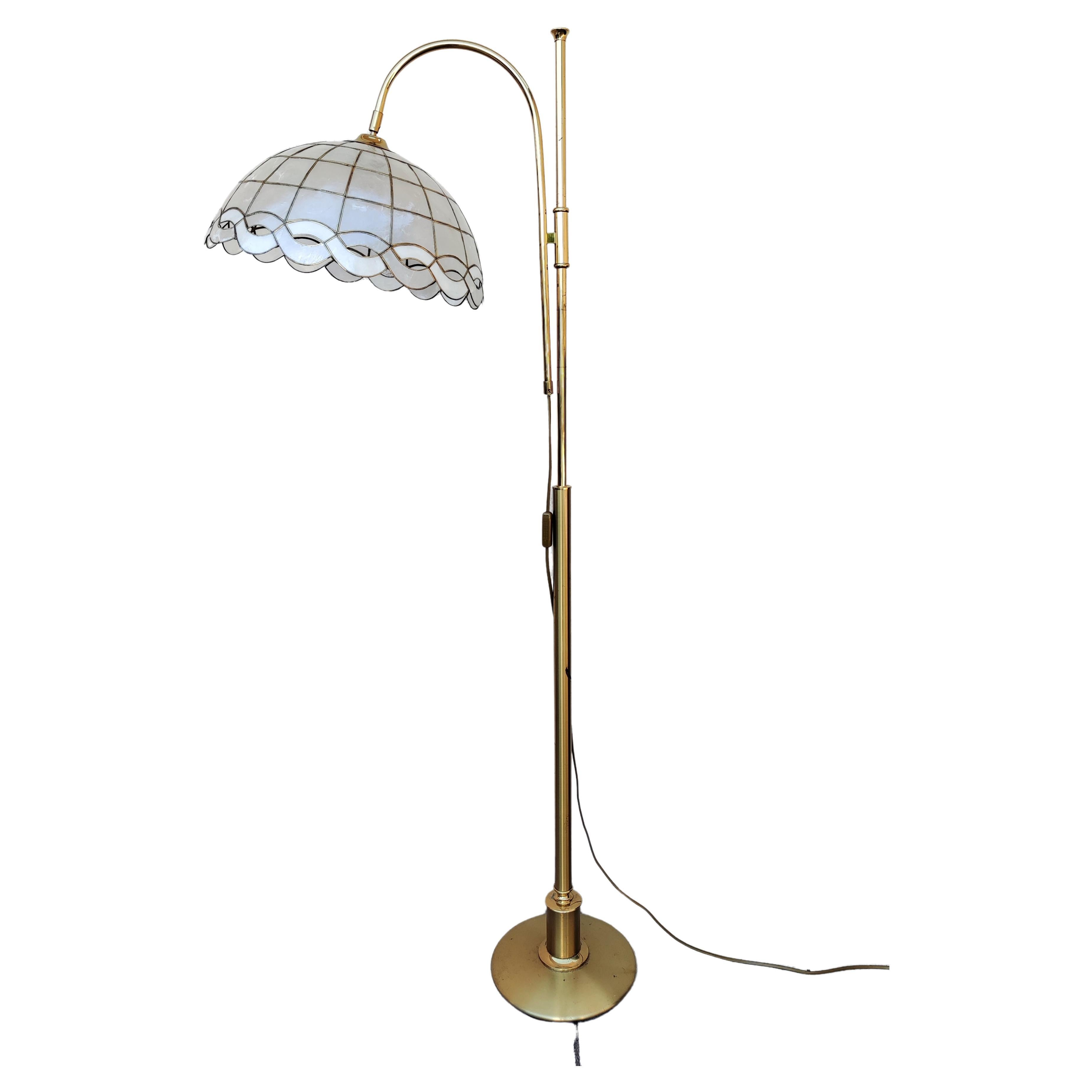 Mid Century Modern Brass Floor Lamp with Capiz Shell Shade, West Germany 1970s For Sale