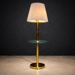 Mid-Century Modern Brass Floor Lamp with Glass Shelf & Pleated Shade, Italy
