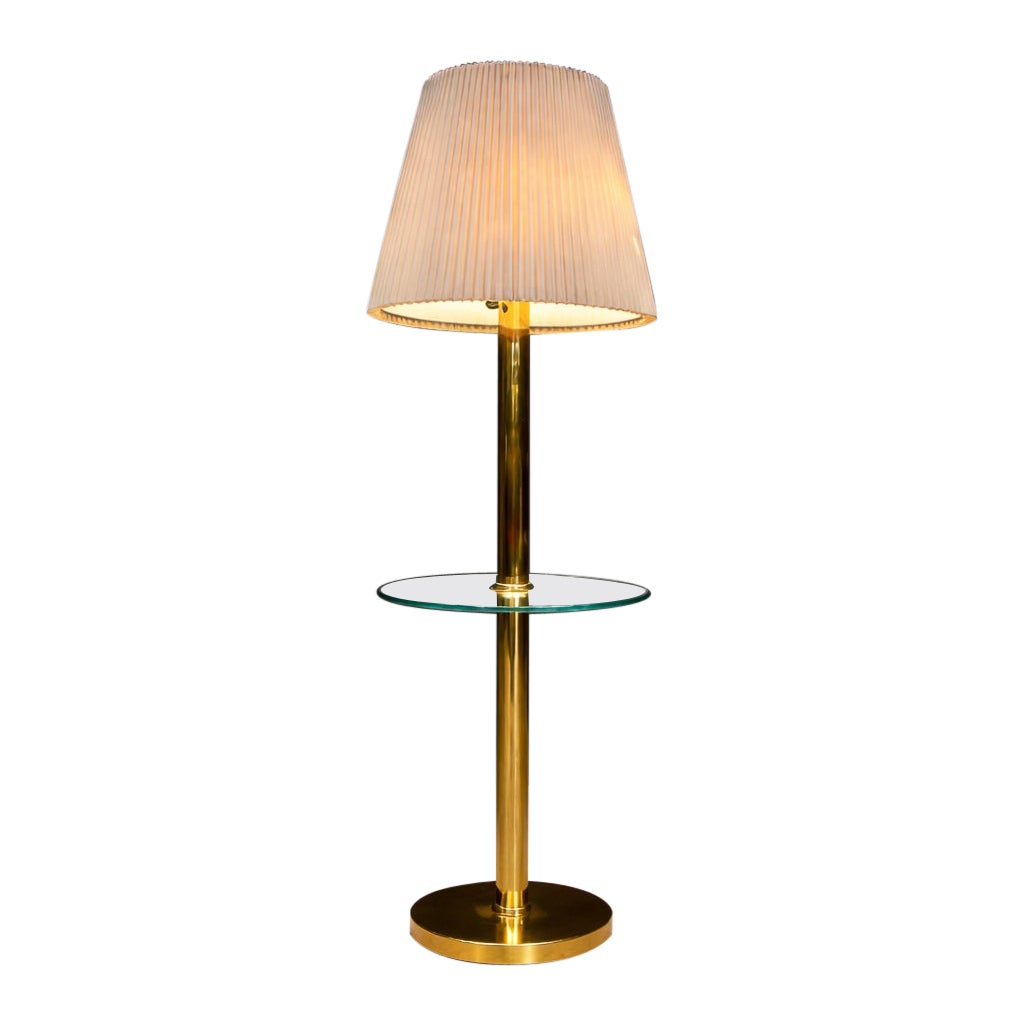 Mid-Century Modern Brass Floor Lamp with Glass Shelf & Pleated Shade, Italy