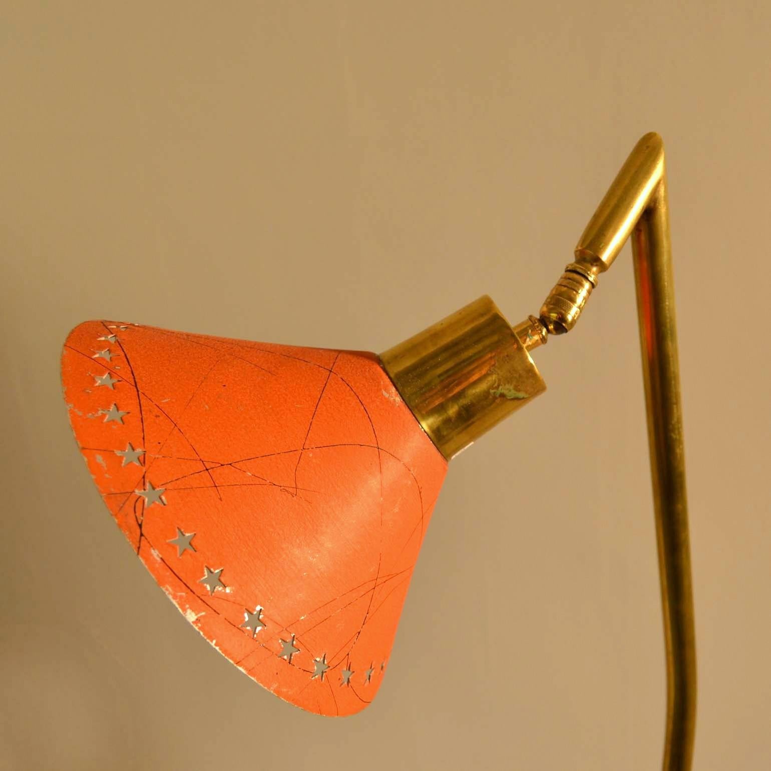 Mid-Century Modern Brass Floor Lamp with Orange Enamel Shade