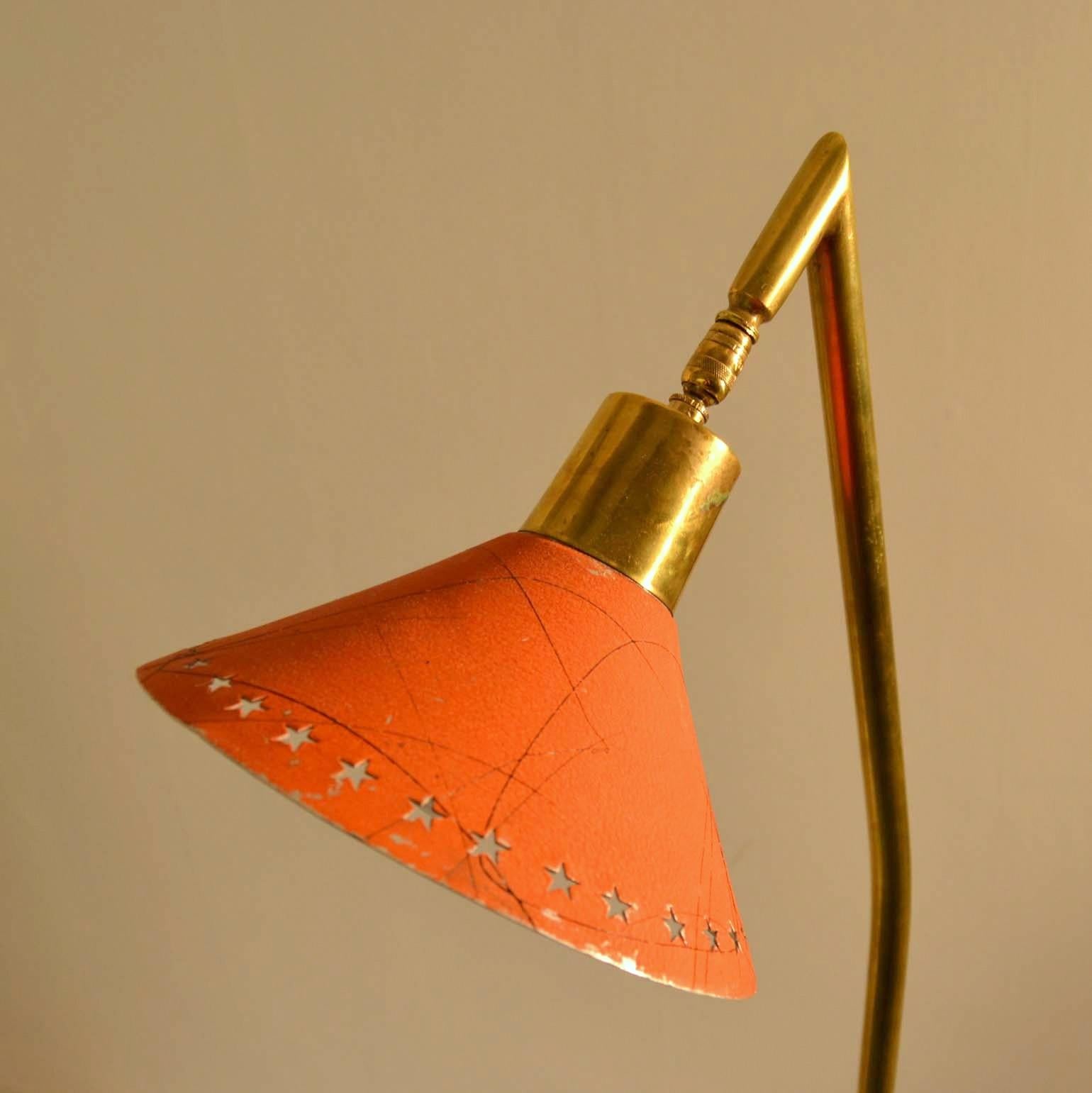 European Brass Floor Lamp with Orange Enamel Shade