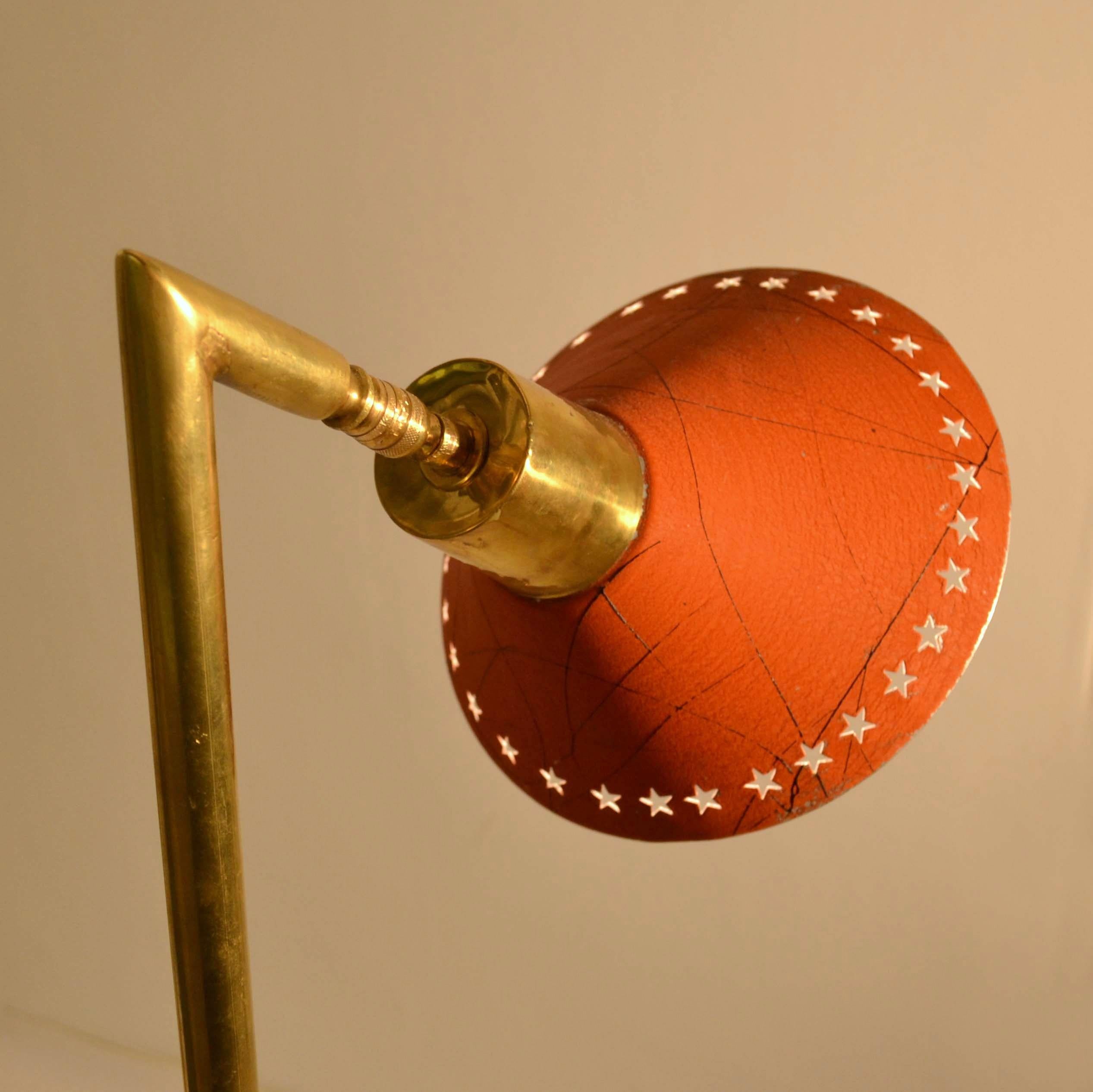 Brass Floor Lamp with Orange Enamel Shade In Good Condition In London, GB