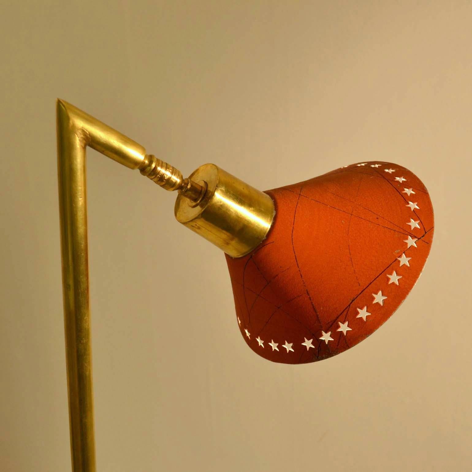 Mid-20th Century Brass Floor Lamp with Orange Enamel Shade