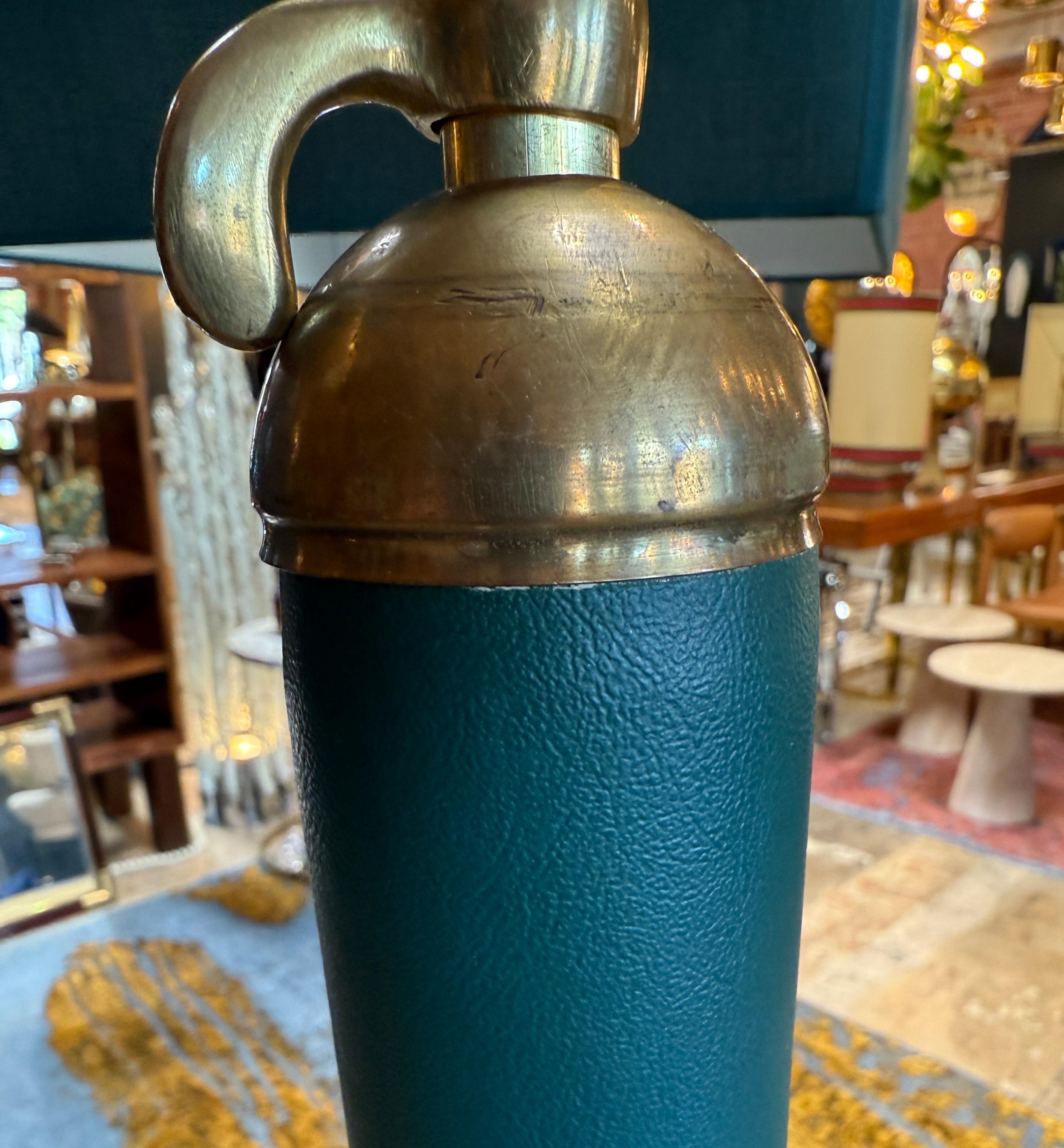 Mid-Century Modern Brass Floor Lamp with Teal Fabric Shade For Sale 5