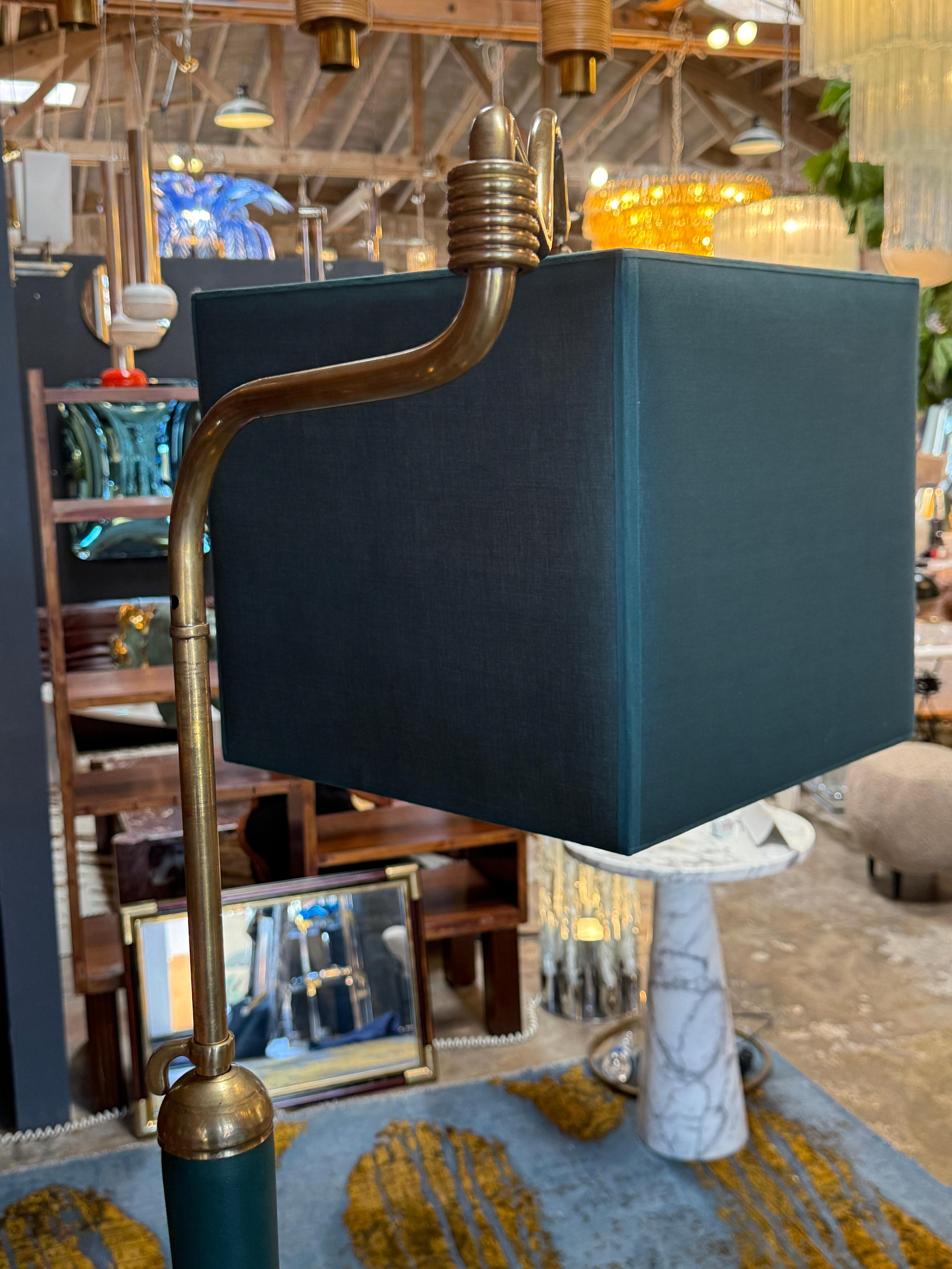 Mid-Century Modern Brass Floor Lamp with Teal Fabric Shade For Sale 2