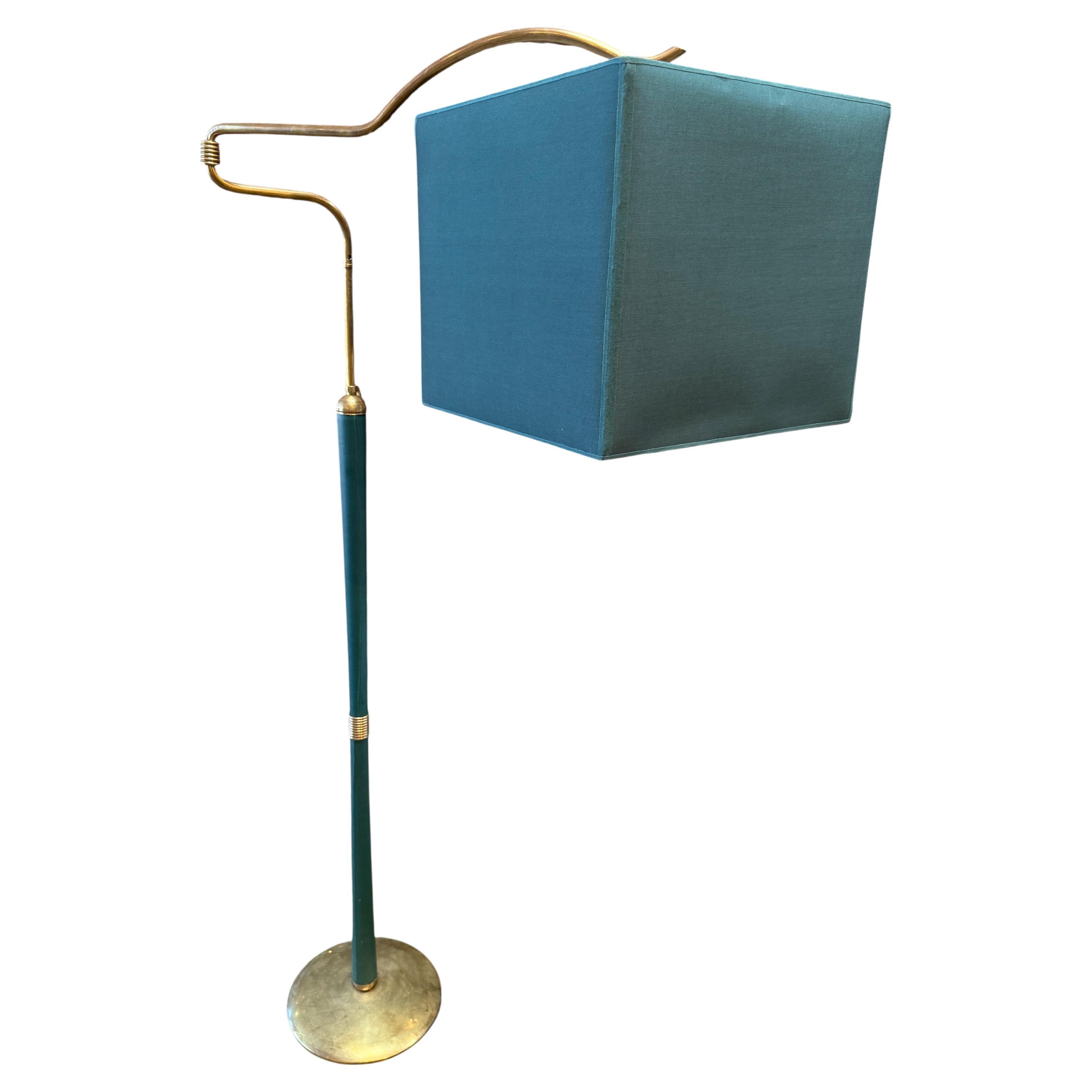 Mid-Century Modern Brass Floor Lamp with Teal Fabric Shade For Sale