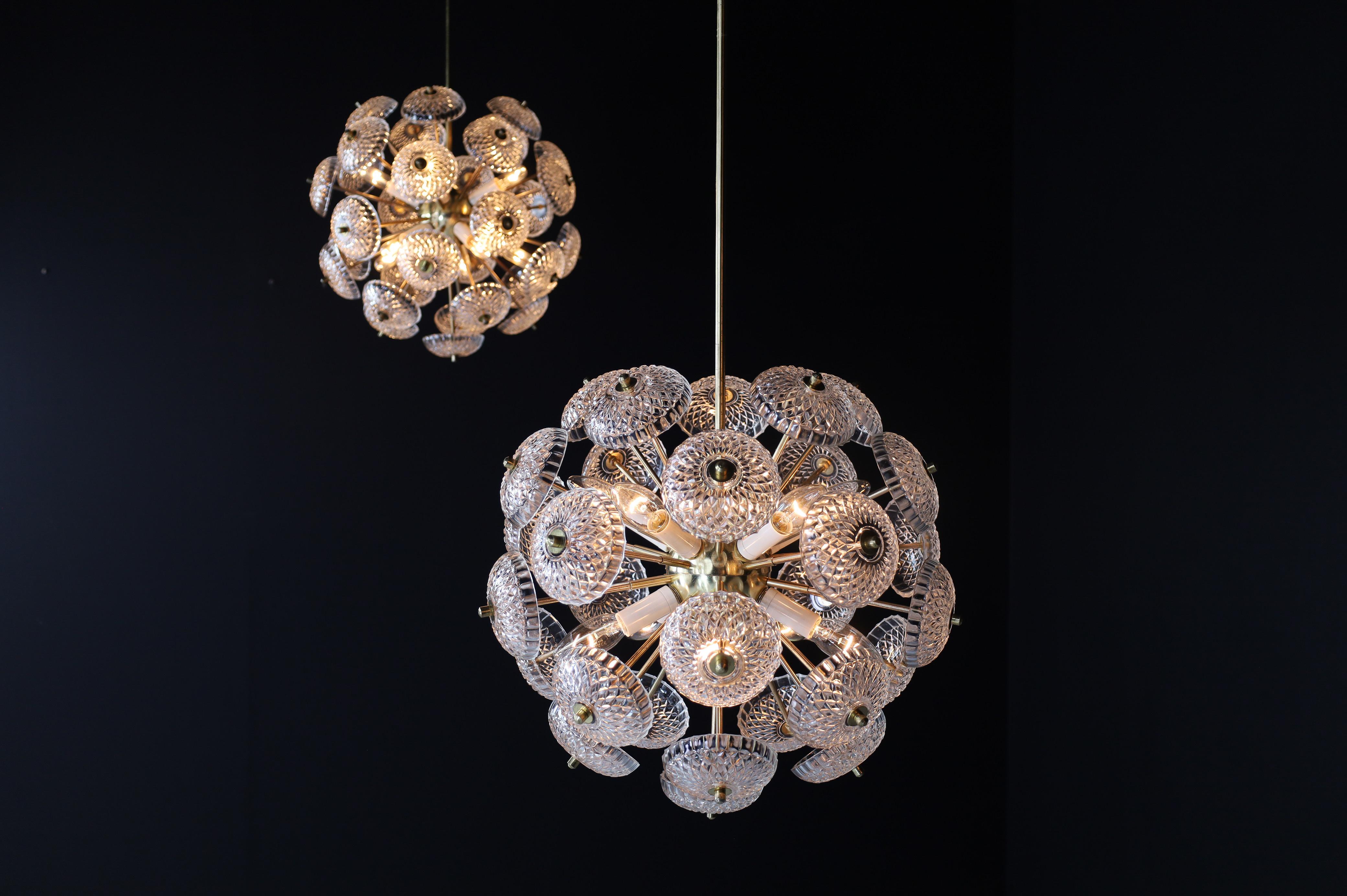 European Mid-Century Modern Brass Floral Glass and Brass Chandelier,  Europe, 1960s For Sale