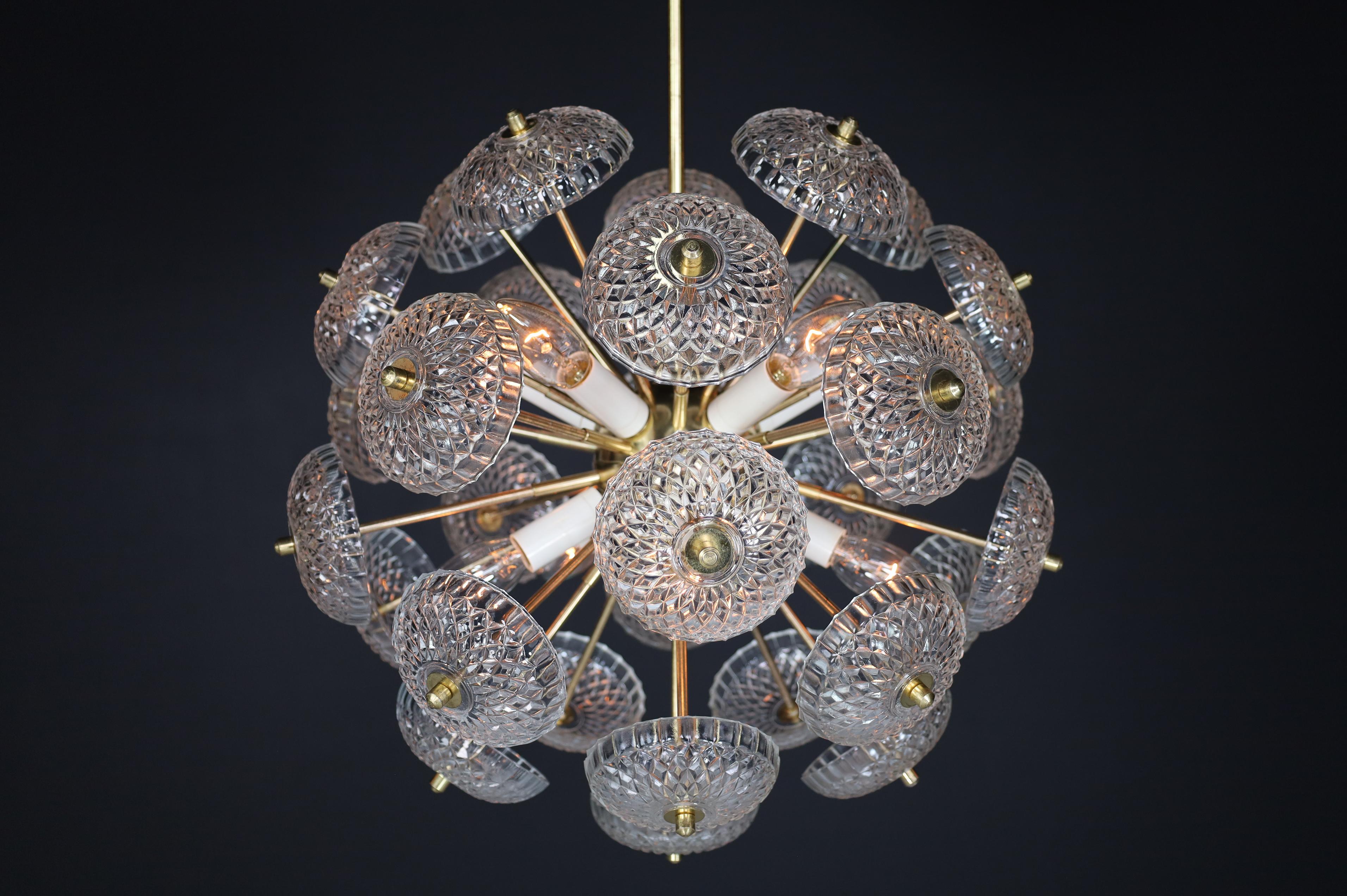 20th Century Mid-Century Modern Brass Floral Glass and Brass Chandelier,  Europe, 1960s For Sale