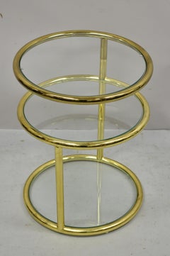 Mid-Century Modern Brass Frame 3 Tier Swivel Milo Baughman Round Side Table