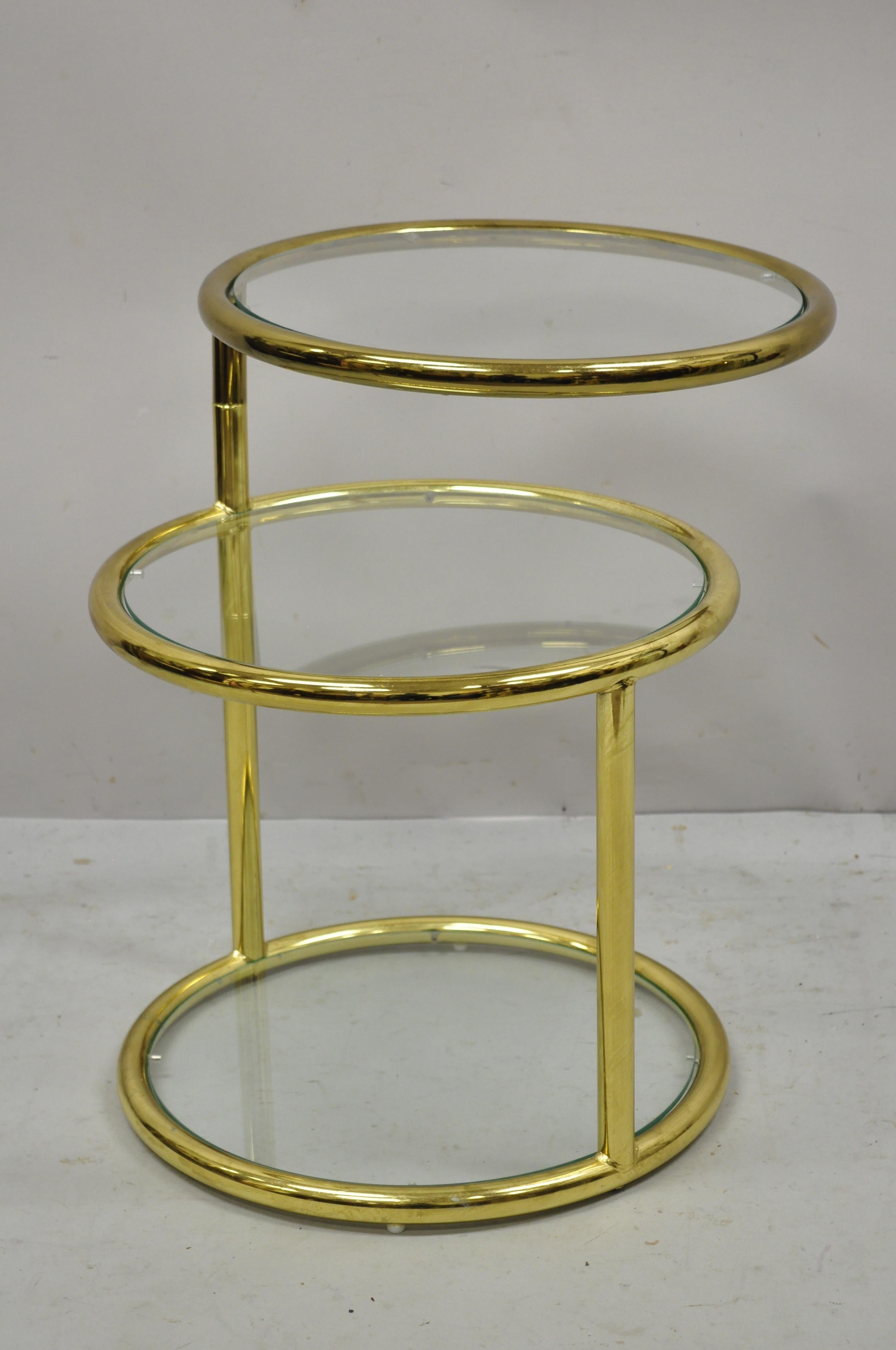 European Mid-Century Modern Brass Frame 3 Tier Swivel Milo Baughman Round Side Table