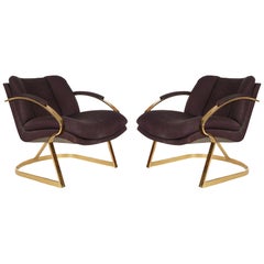 Mid-Century Modern Brass Frame Lounge Chairs or Armchairs after Milo Baughman