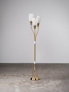 Mid-Century Modern Brass & Frosted Glass Floor Lamp, Sweden, 1950s