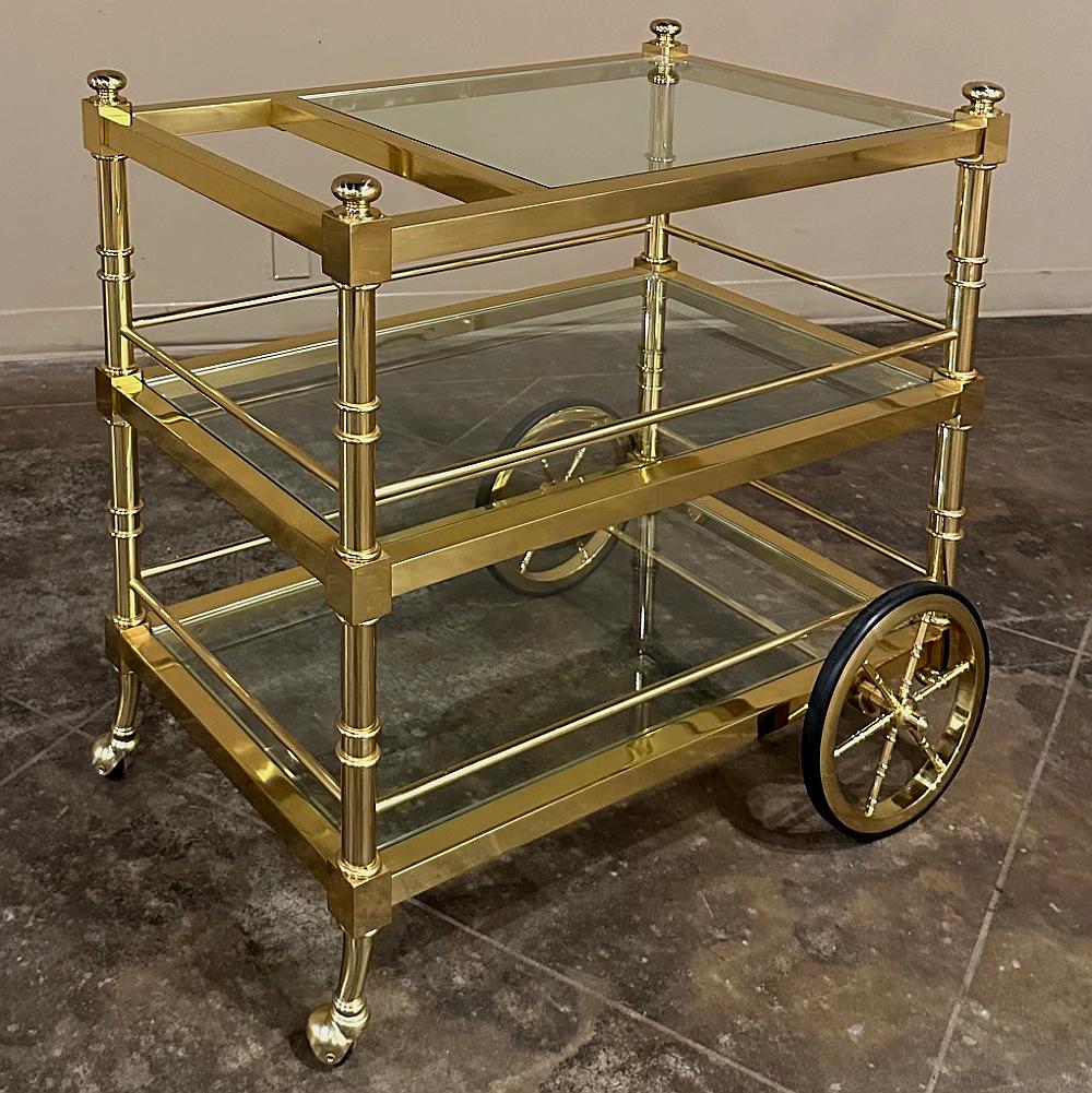 Hand-Crafted Mid-Century Modern Brass & Glass Bar Cart For Sale