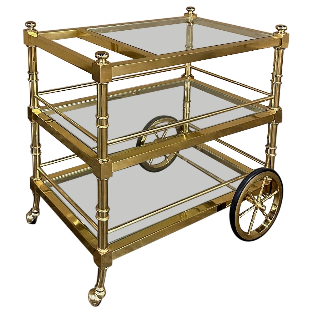 Chariot de bar en laiton et verre de style moderne du milieu du siècle
