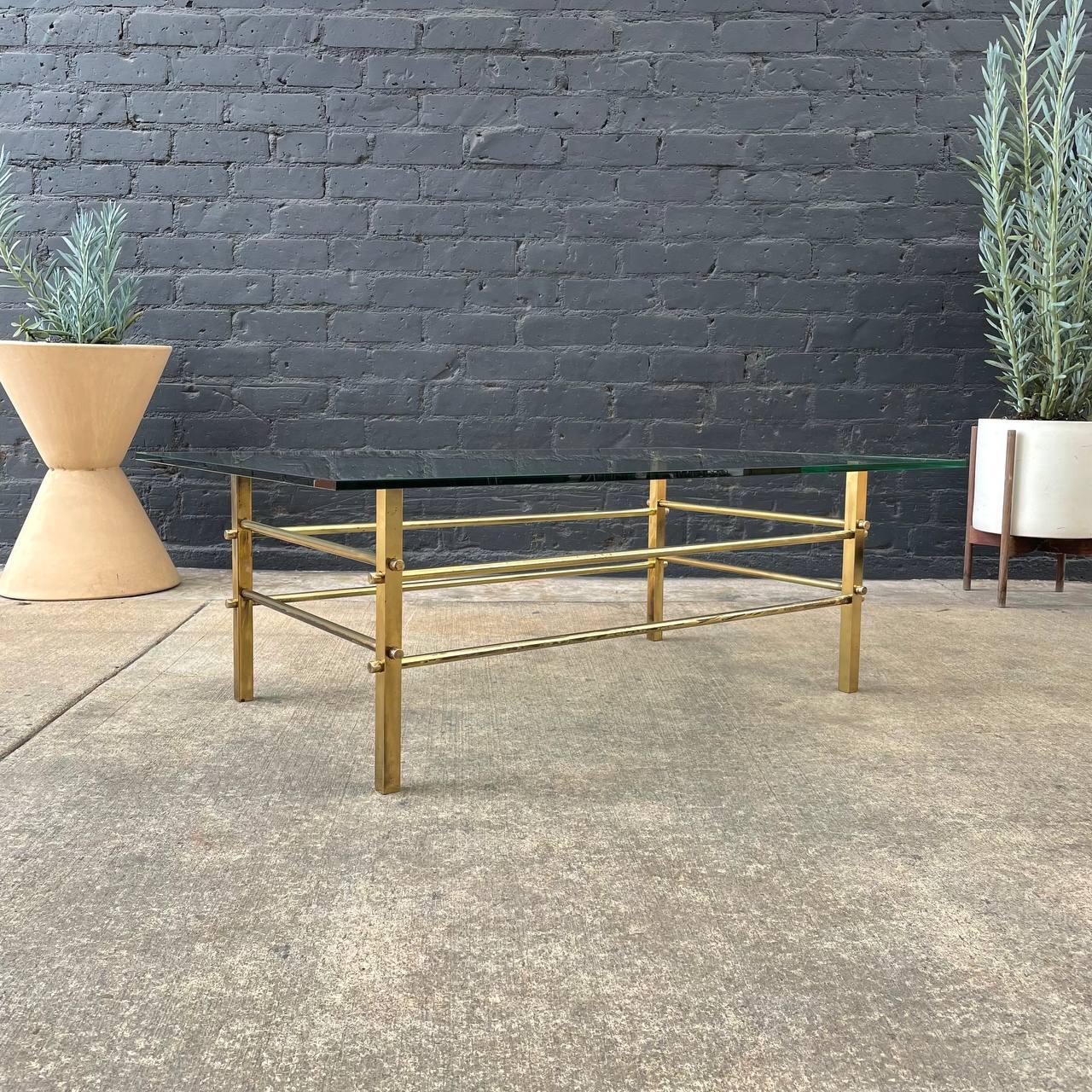 American Mid-Century Modern Brass & Glass Coffee Table For Sale