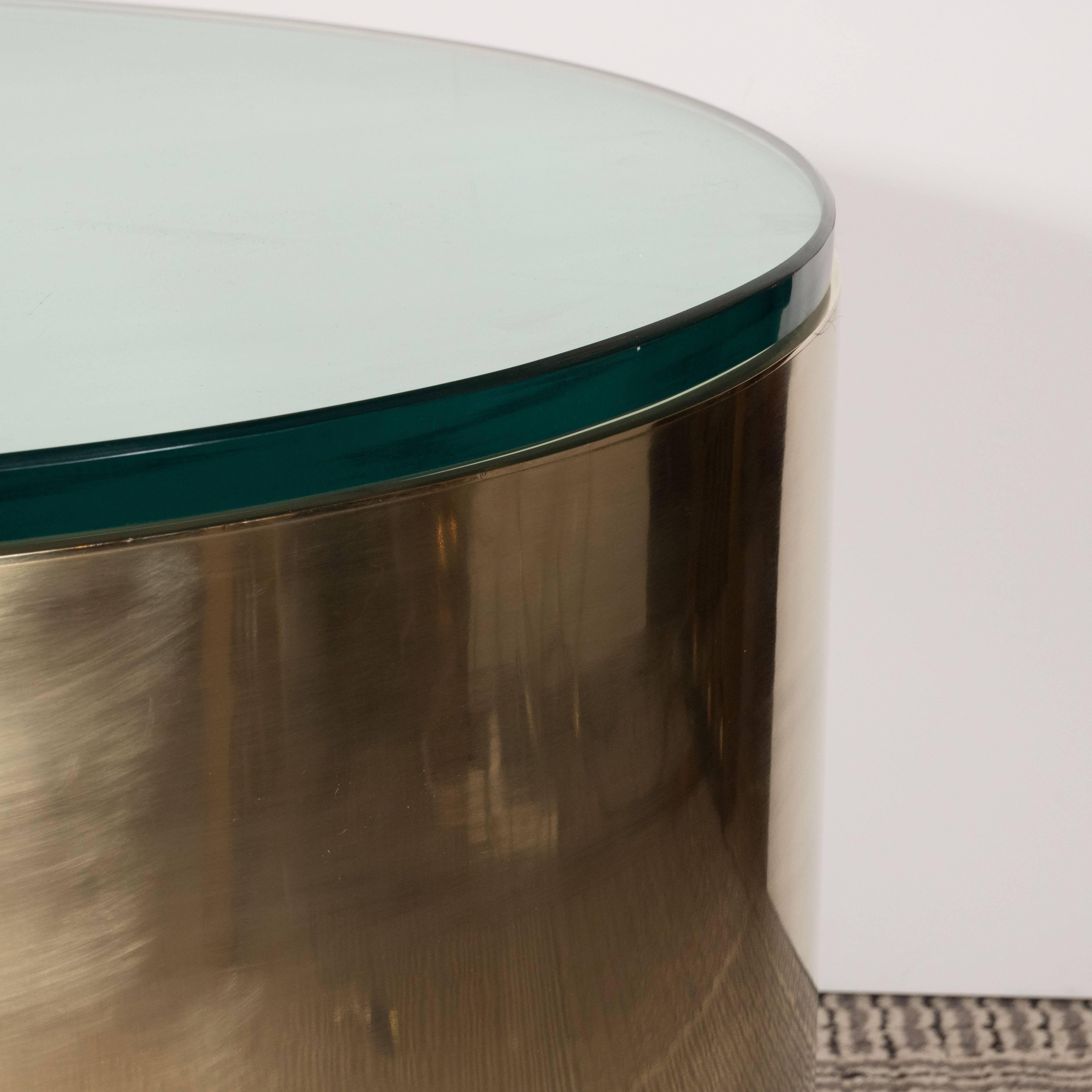 Late 20th Century Mid-Century Modern Brass & Glass Cylindrical Drum Cocktail Table by Noel Jeffrey