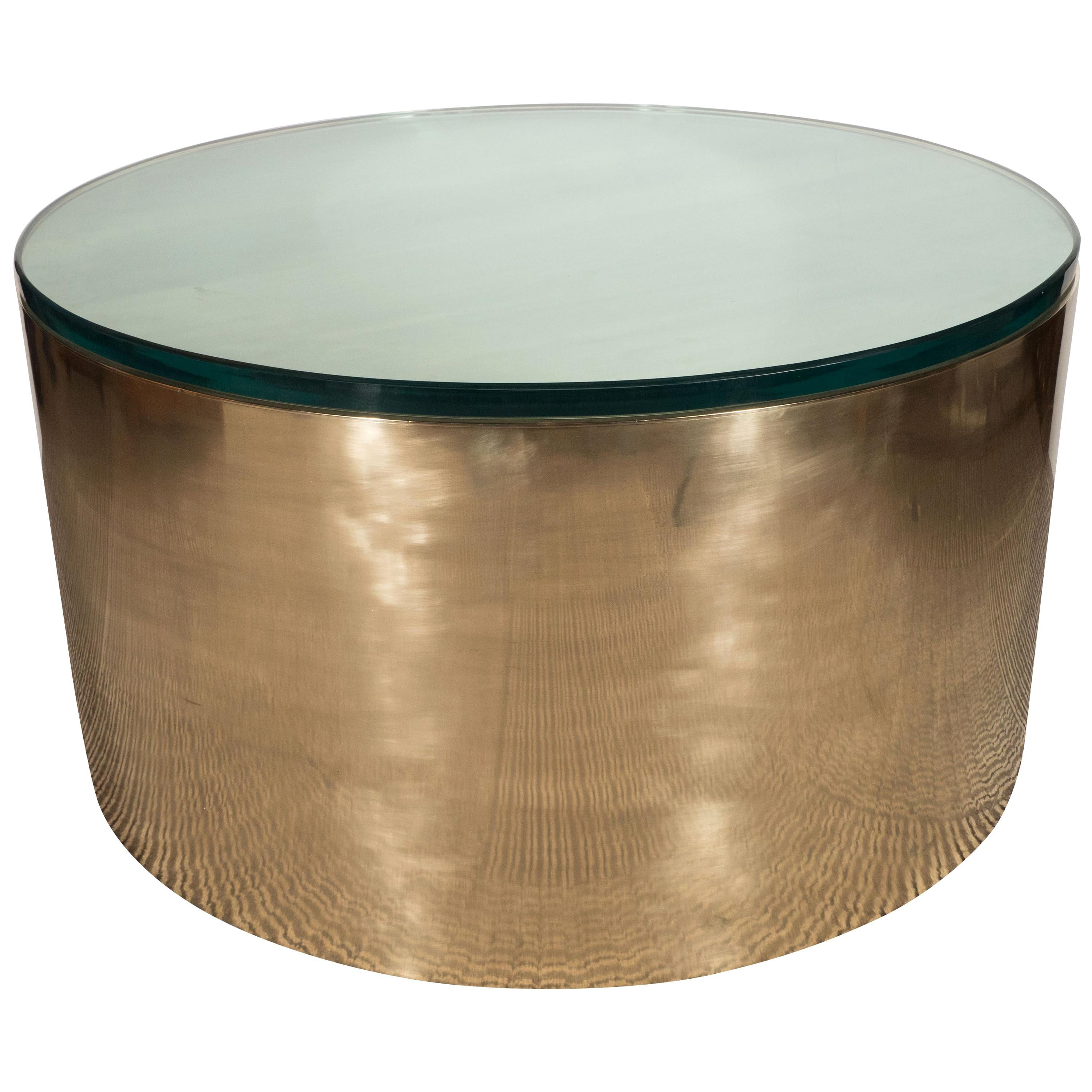 Mid-Century Modern Brass & Glass Cylindrical Drum Cocktail Table by Noel Jeffrey