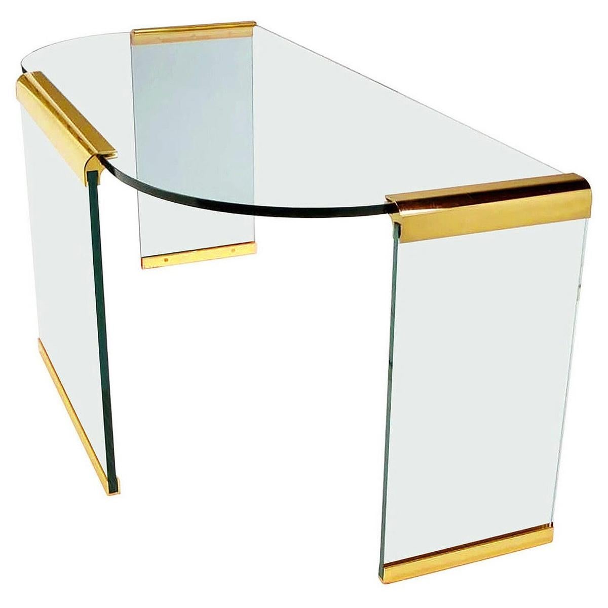 Mid-Century Modern Brass & Glass Desk or Console Table by Leon Rosen for Pace